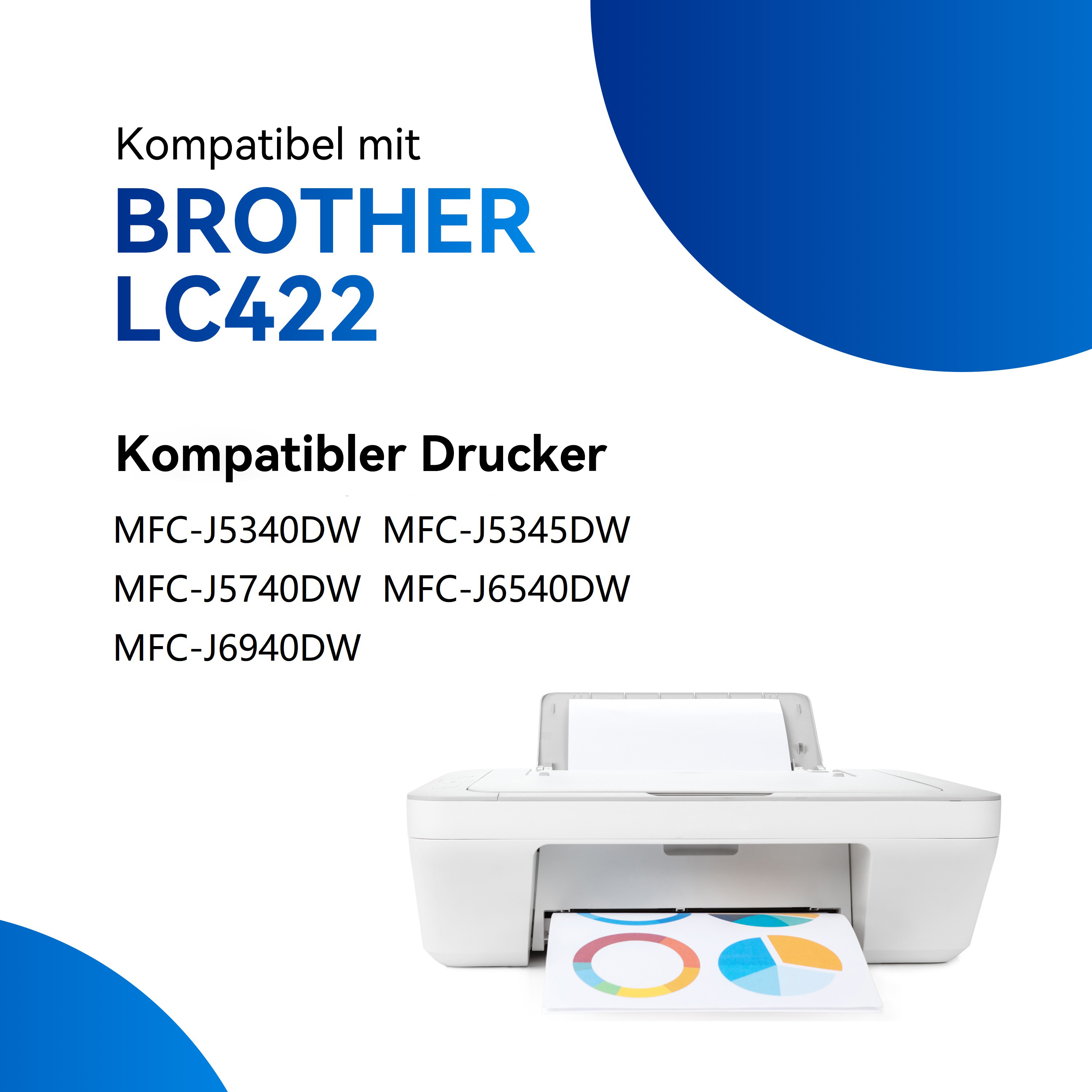 Weißer Drucker mit farbigem Papier. Text über Drucker und kompatible Patronen.