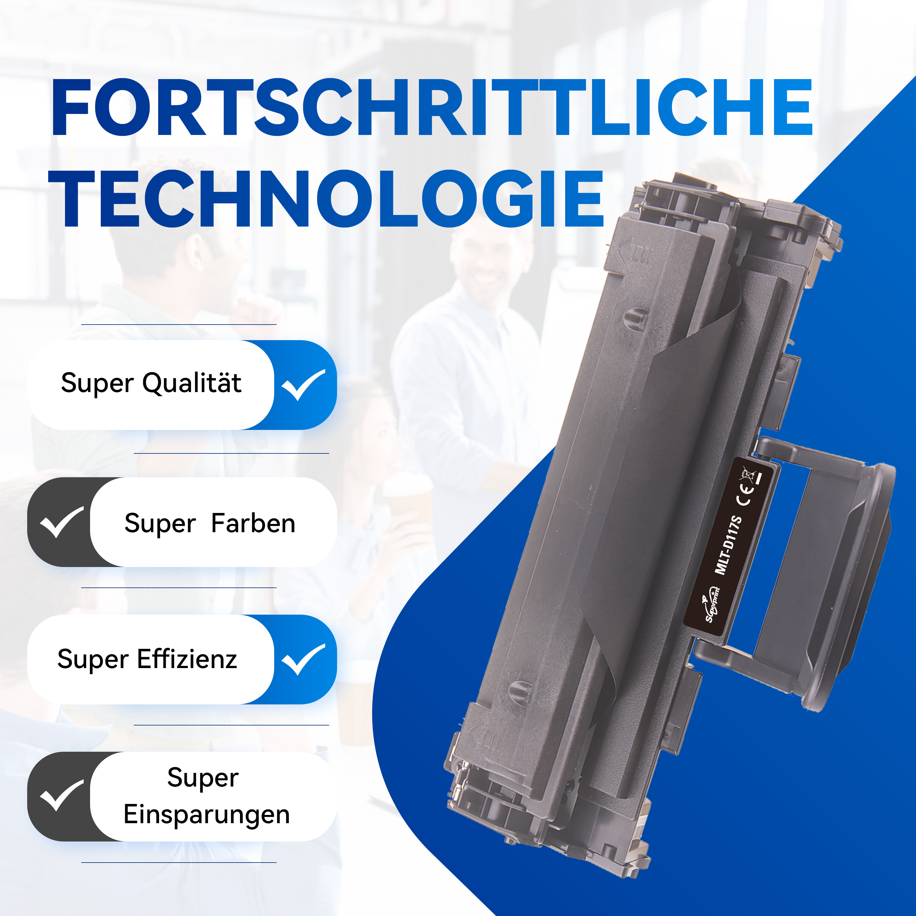 Zwarte printercartridge. Super kwaliteit, kleuren, efficiëntie en besparingen worden benadrukt.