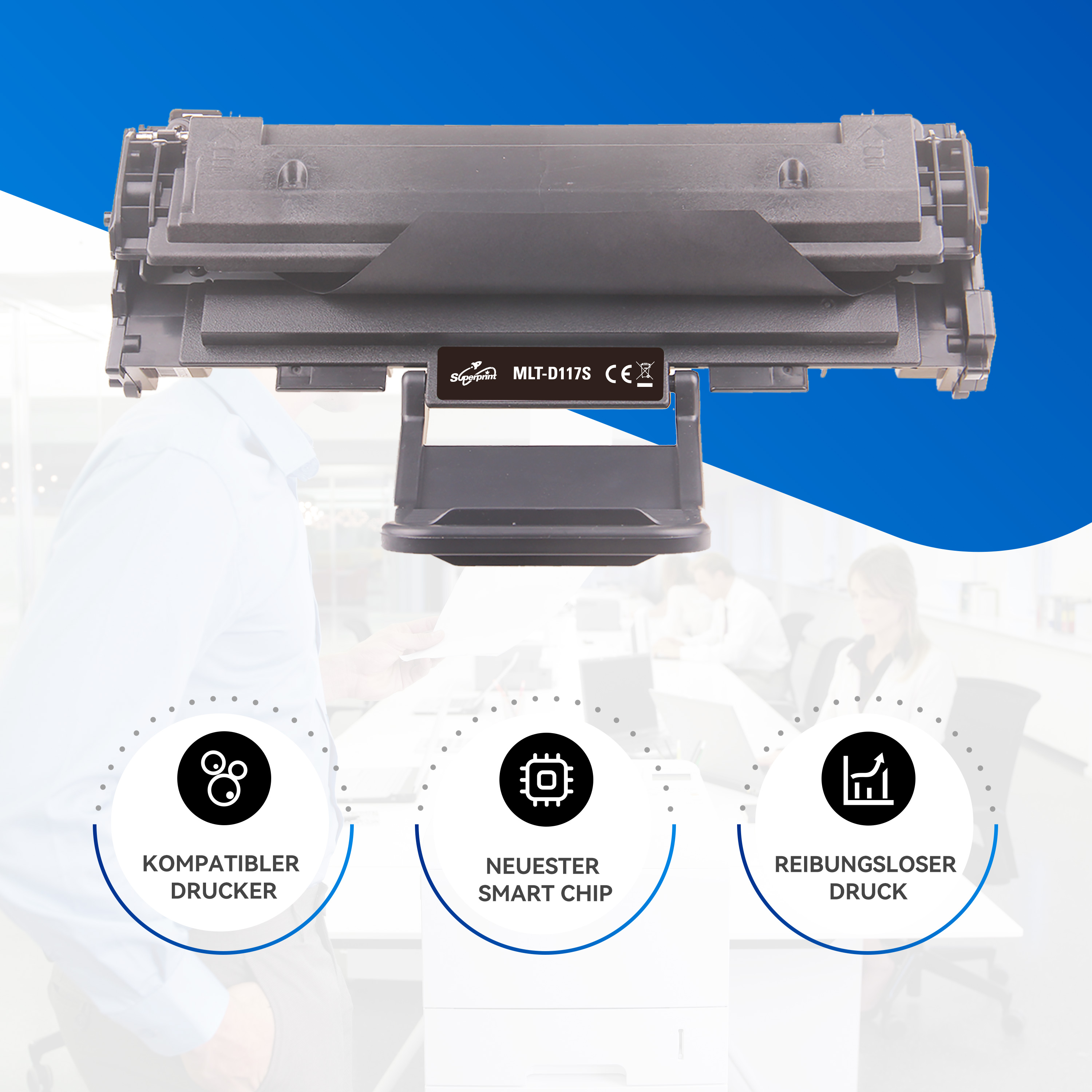 Tonercartridge met informatieve afbeeldingen op een blauwe en witte achtergrond.