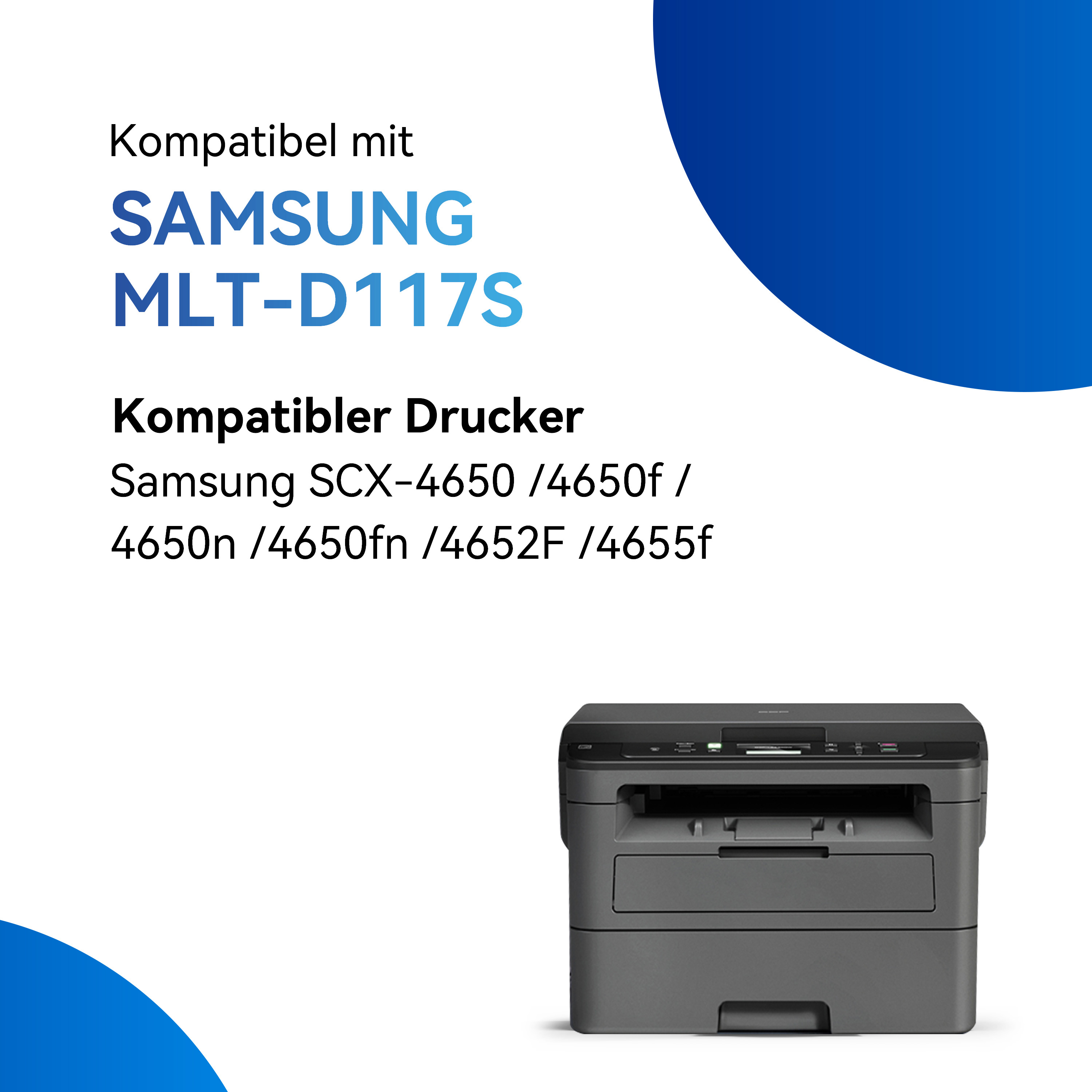 Een afbeelding toont een zwart-grijze printer met tekst over compatibiliteit met Samsung MLT-D117S.