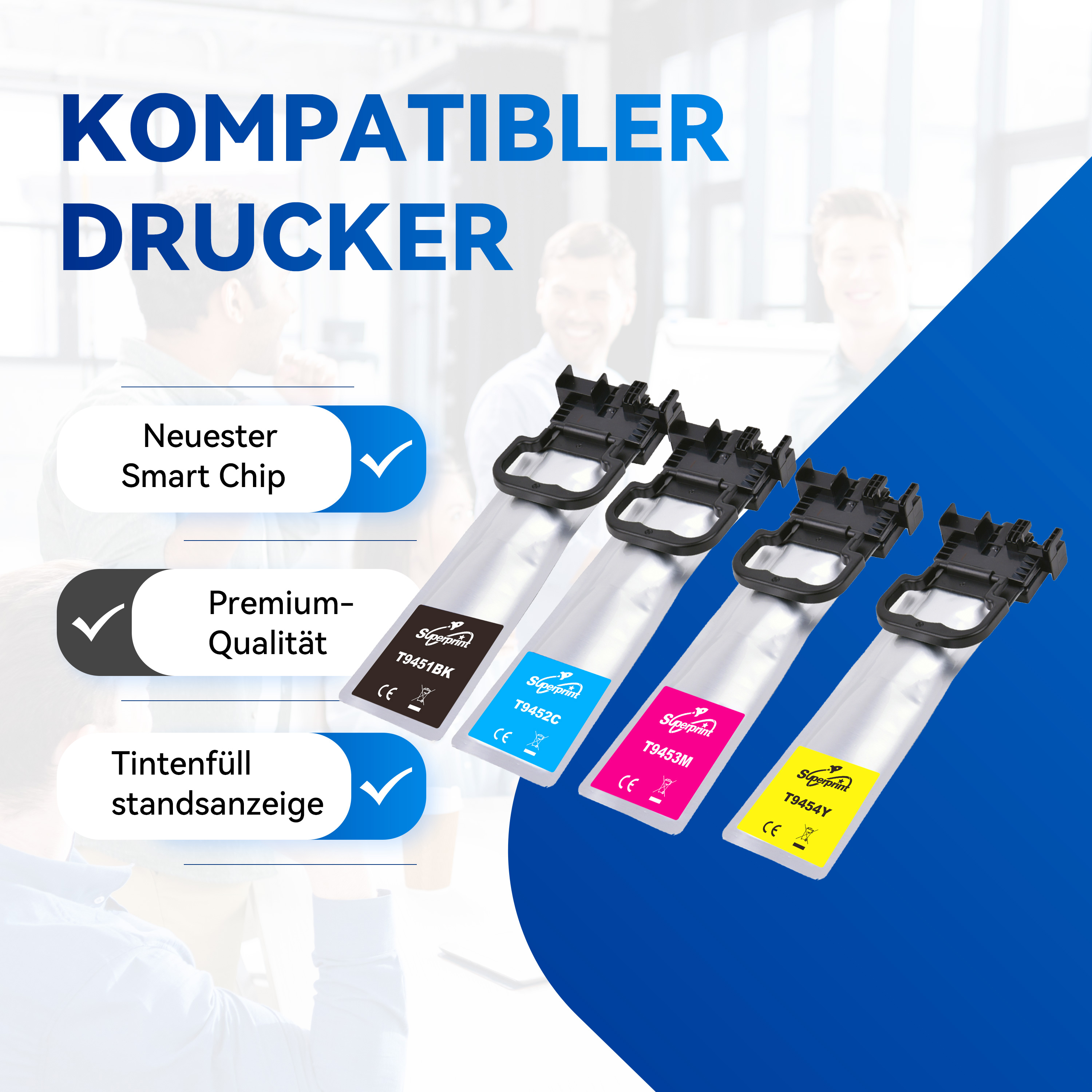 Cartouches d'encre avec texte: Premium-Qualität, Tintenfüllstandsanzeige et Neuer Smart Chip.