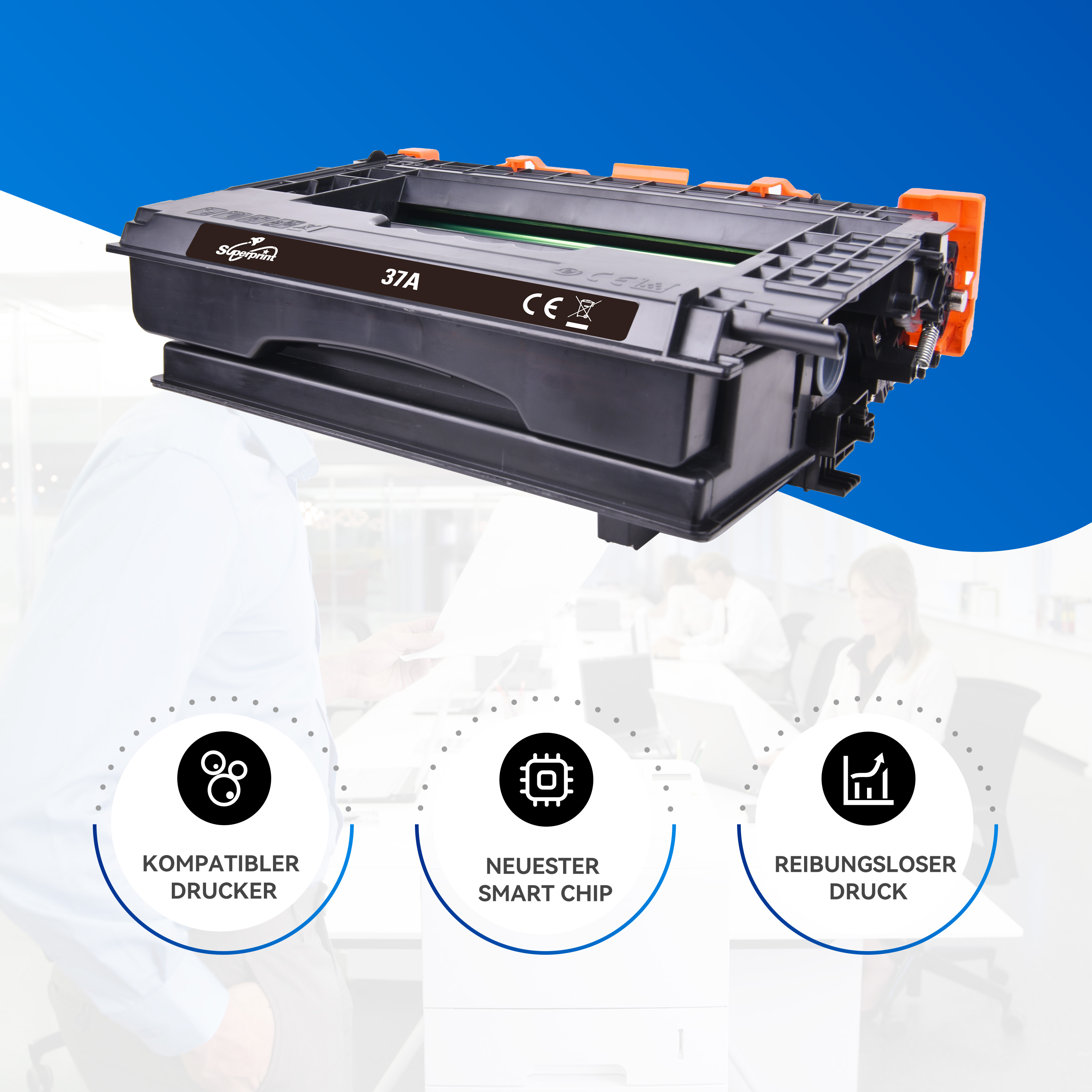 Cartouche de toner noire et icônes pour imprimante compatible, puce intelligente et impression.