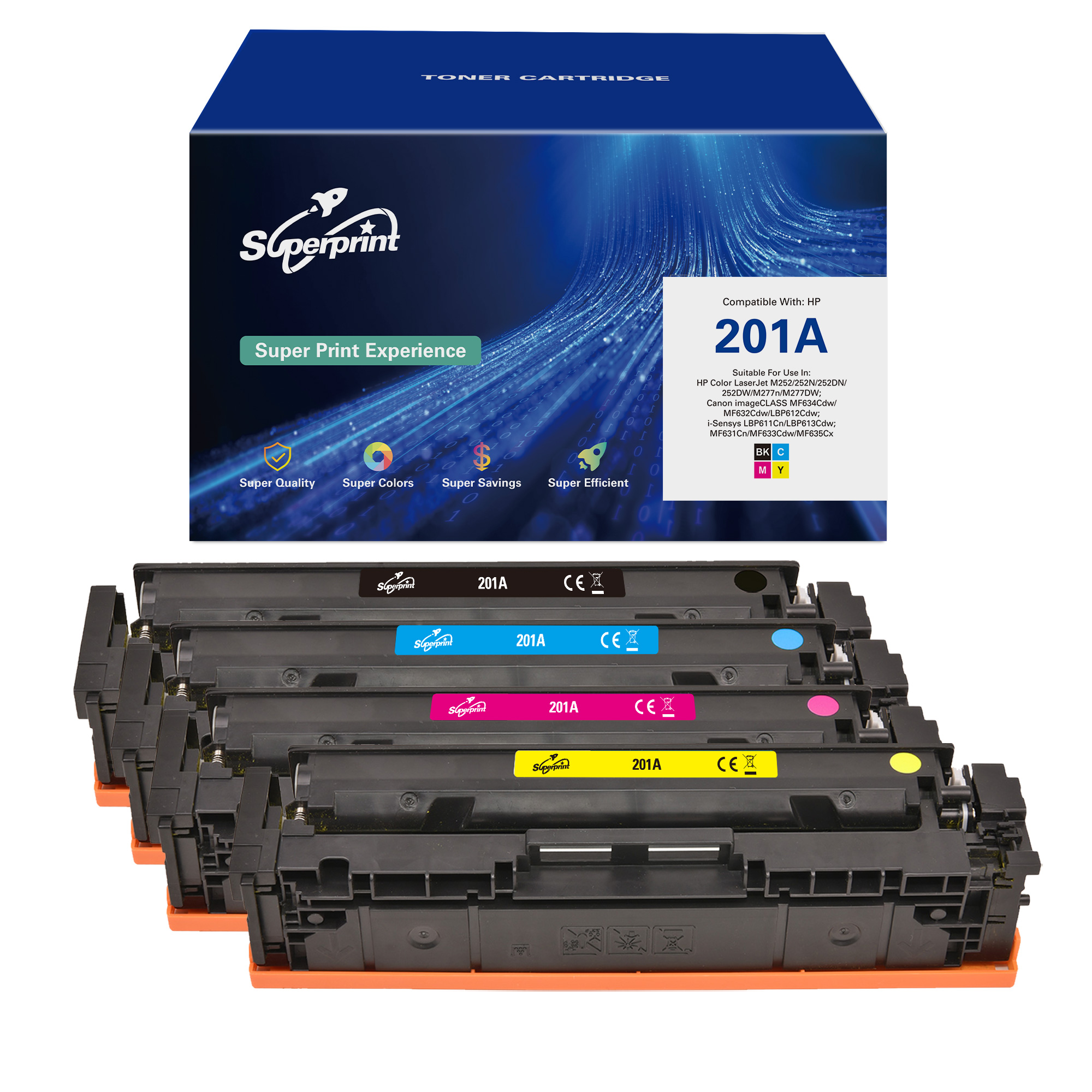 Cartouches de toner dans une boîte. Cinq cartouches sont visibles en différentes couleurs.