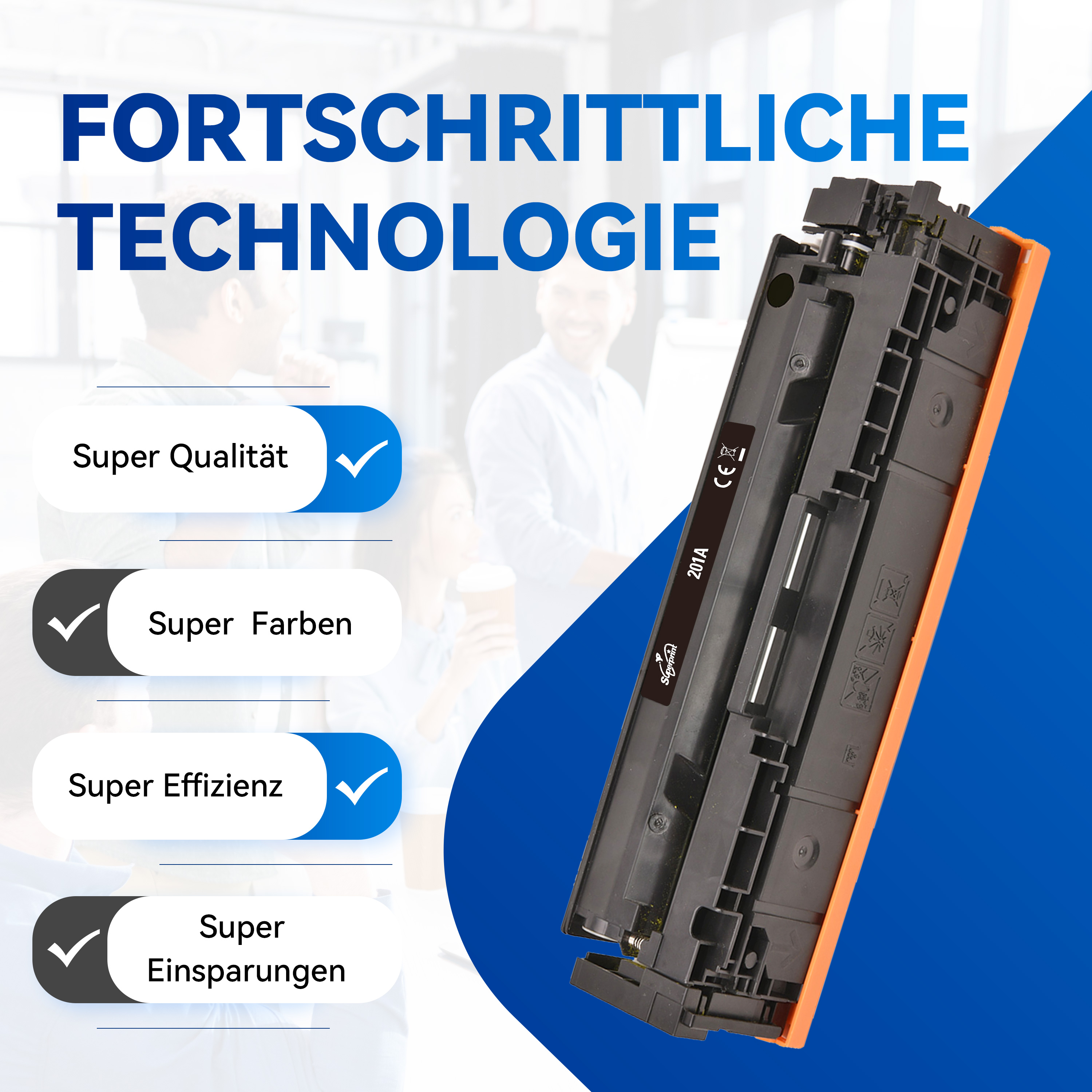 Cartouche de toner avec texte indiquant les caractéristiques et les avantages.