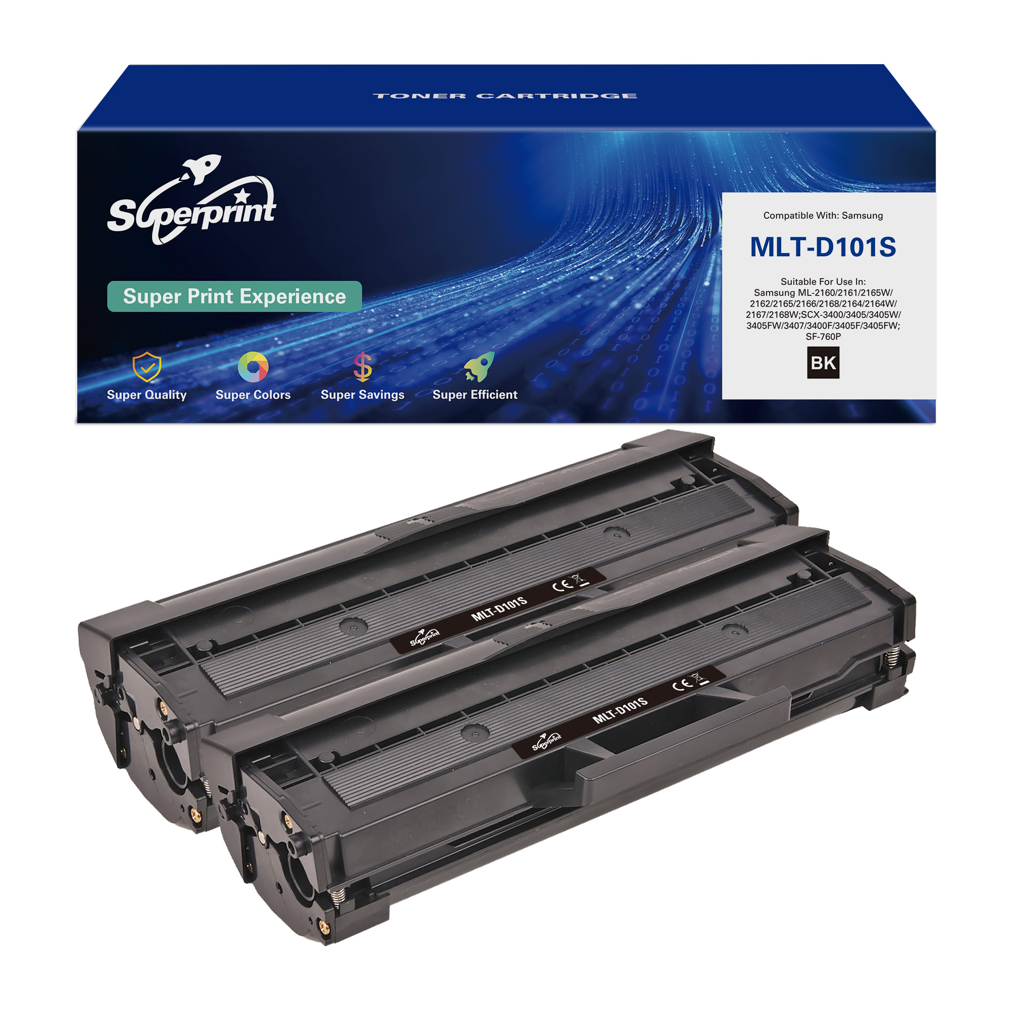 Deux cartouches de toner noires et une boîte avec la marque Superprint et le texte cartouche de toner.