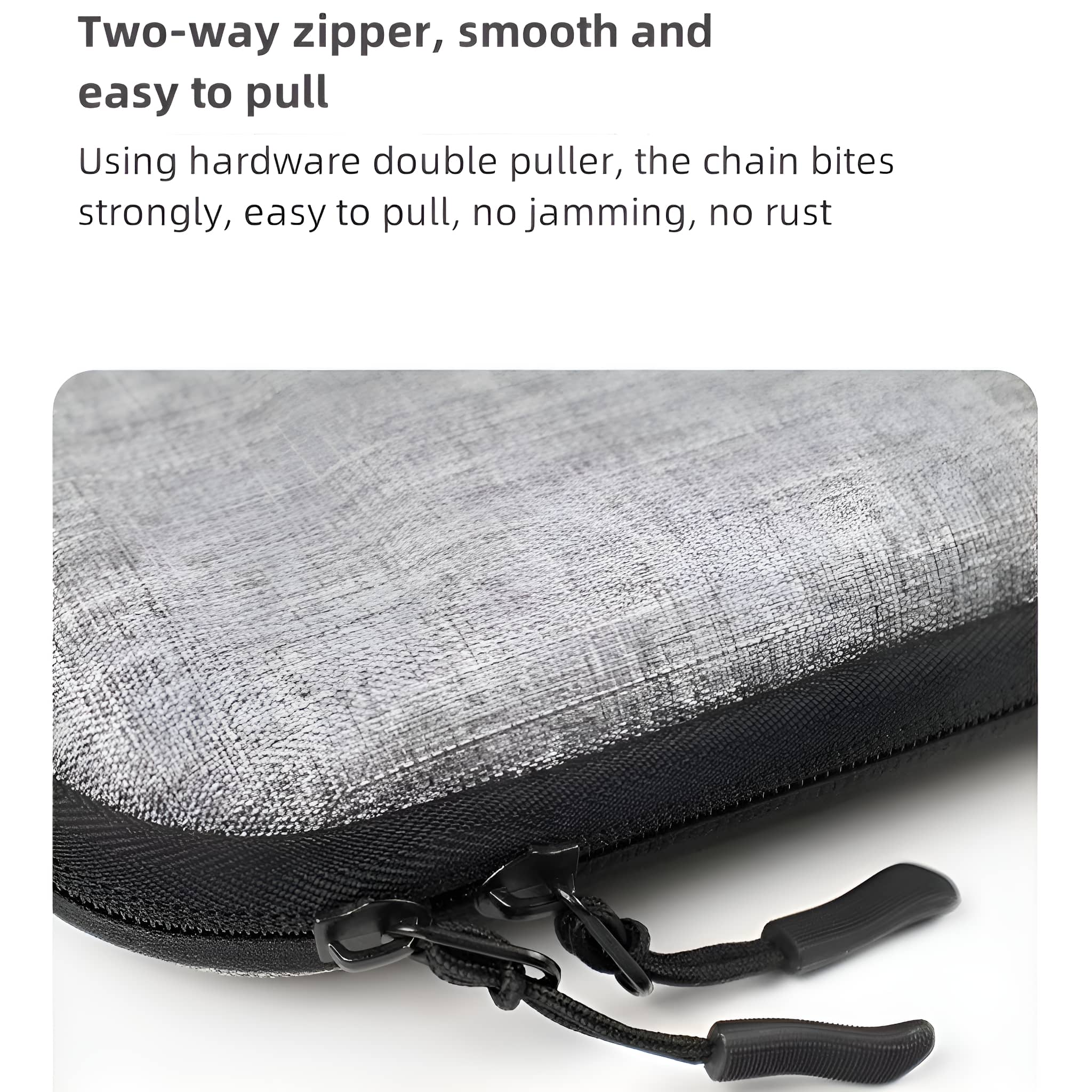 Nahaufnahme einer grauen Tasche mit Reißverschluss und schwarzen Zippern.