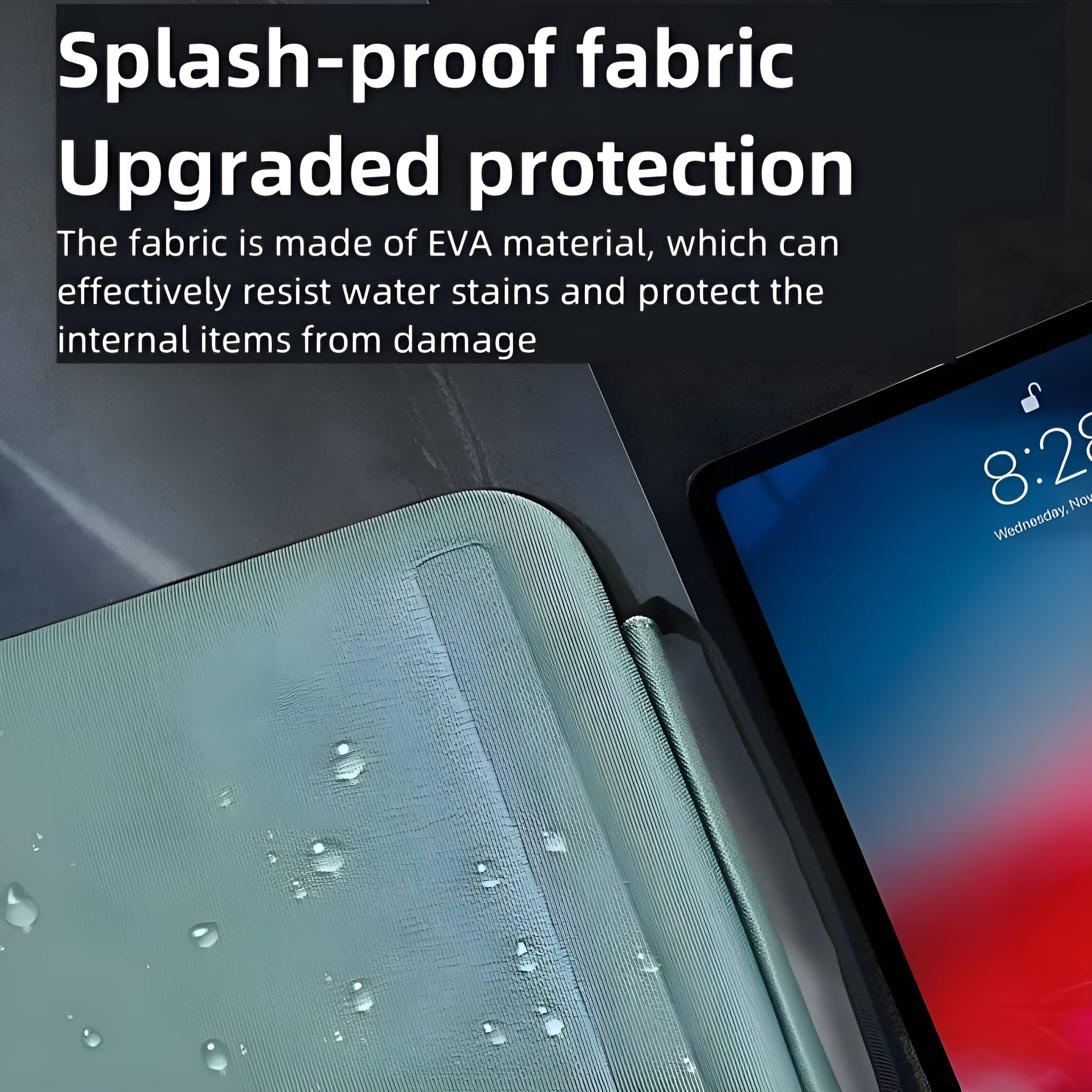 Nahaufnahme eines Tablets und einer Hülle mit Wassertropfen, mit Text über spritzwasserfesten Stoff.