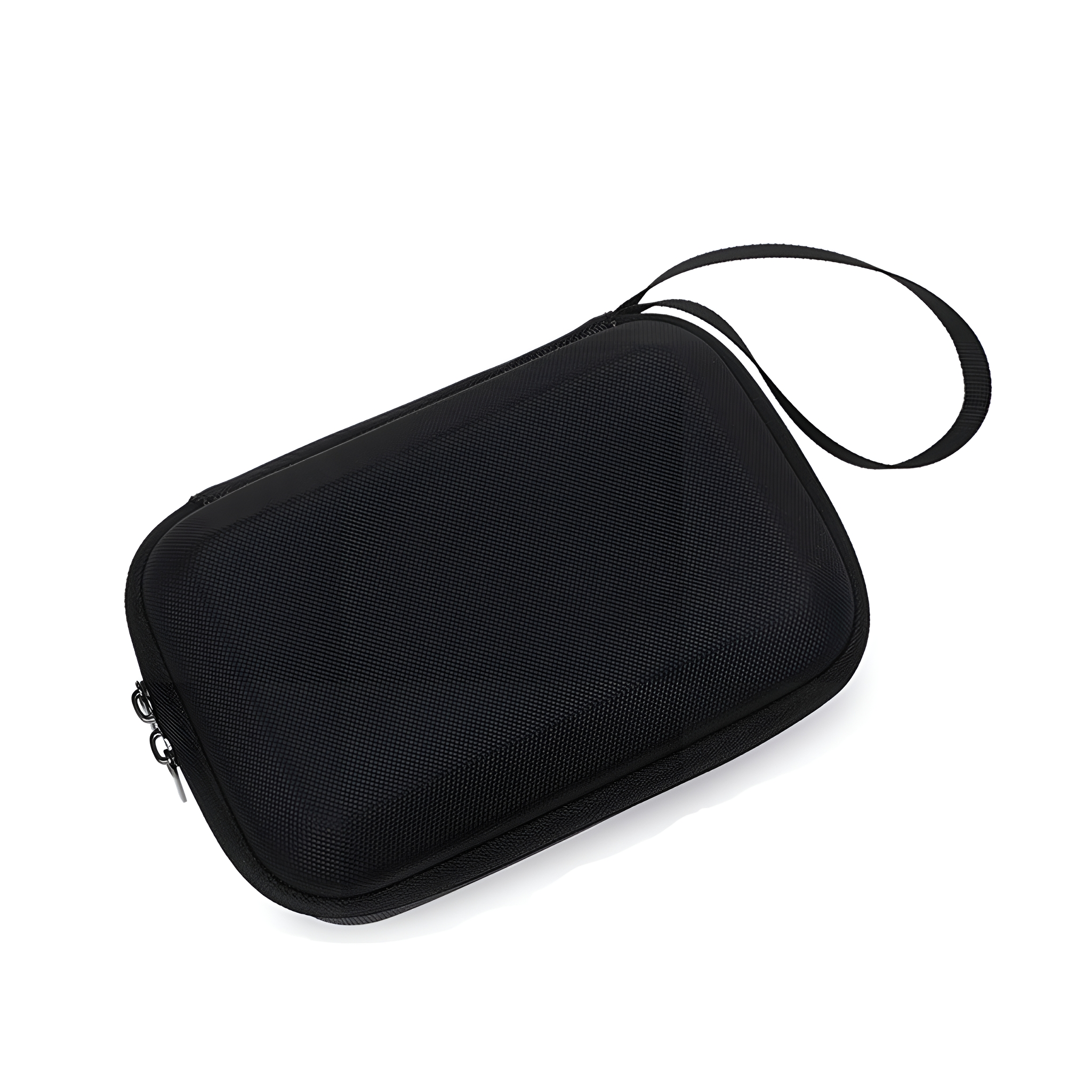Schwarzes Etui mit Reißverschluss und Griff. Weißer Hintergrund. Draufsicht.