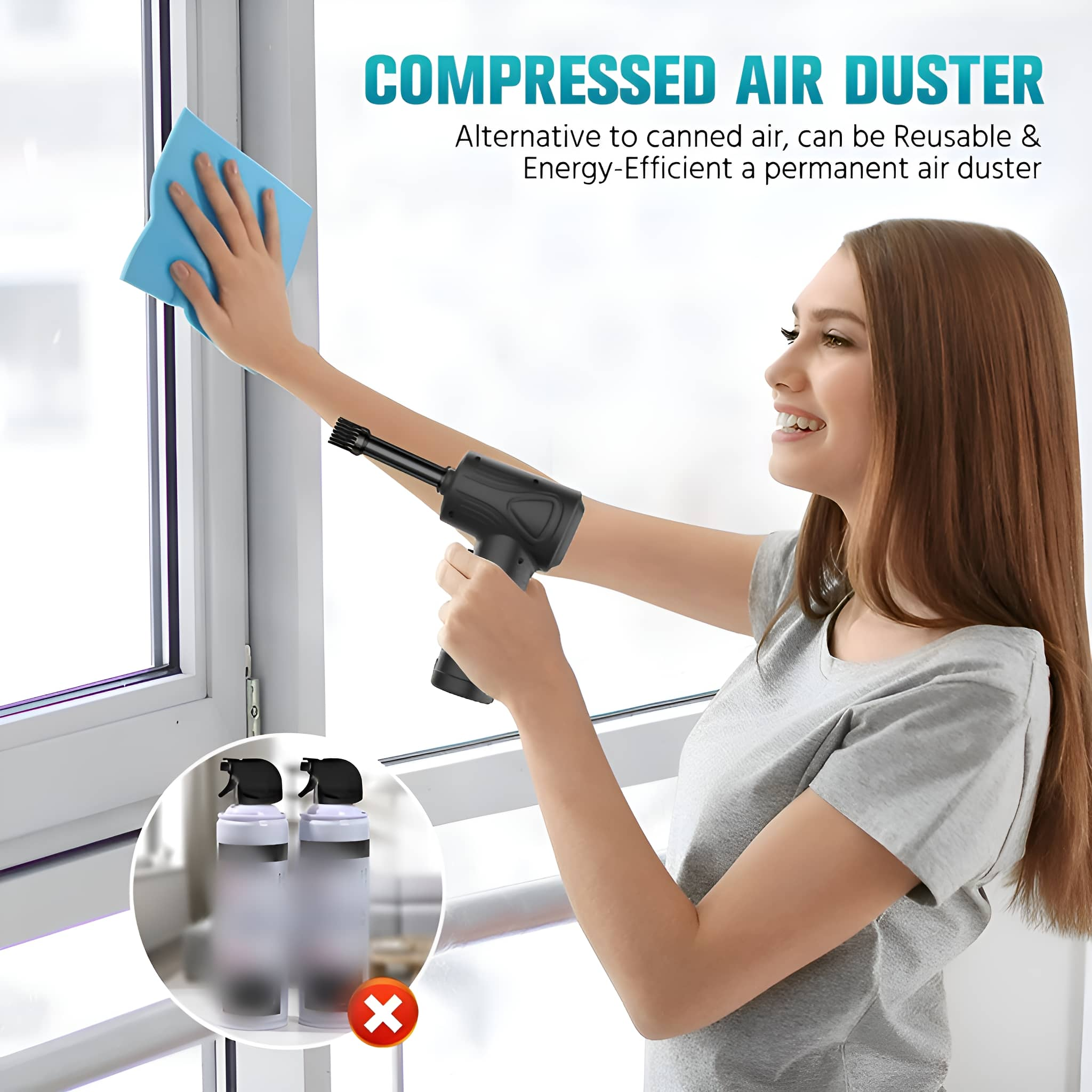 Eine Frau, die ein Fenster mit einem Druckluftstaubsauger reinigt, wobei das Produkt gezeigt wird.
