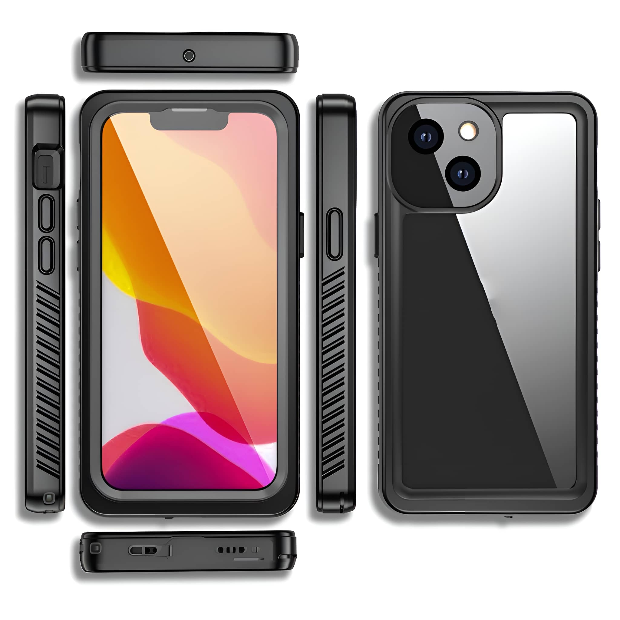 Schwarze Handyhülle mit einem Telefon darin. Die Hülle hat eine Kameraöffnung und verschiedene Ansichten.