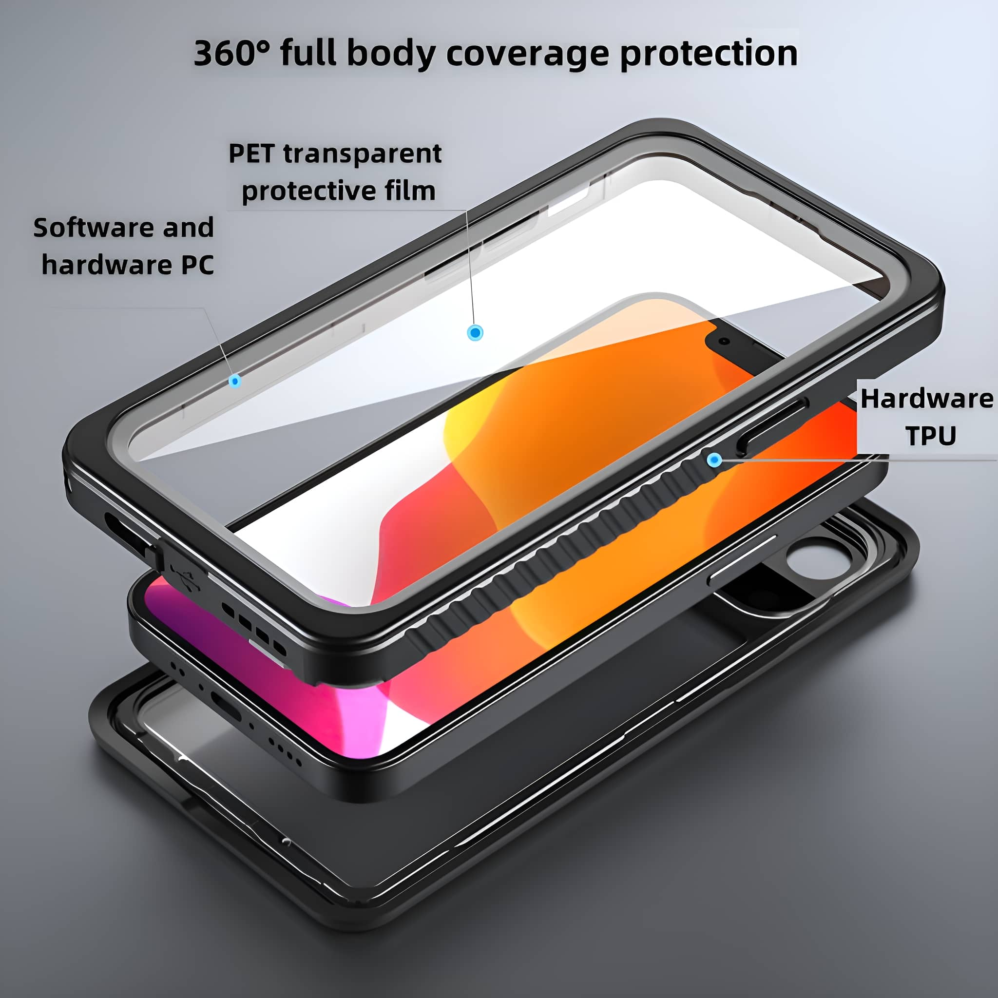 Handyhüllen-Schichten. Klare obere Schicht, Telefon in der Mitte und feste schwarze Basis. Text beschriftet die Teile.