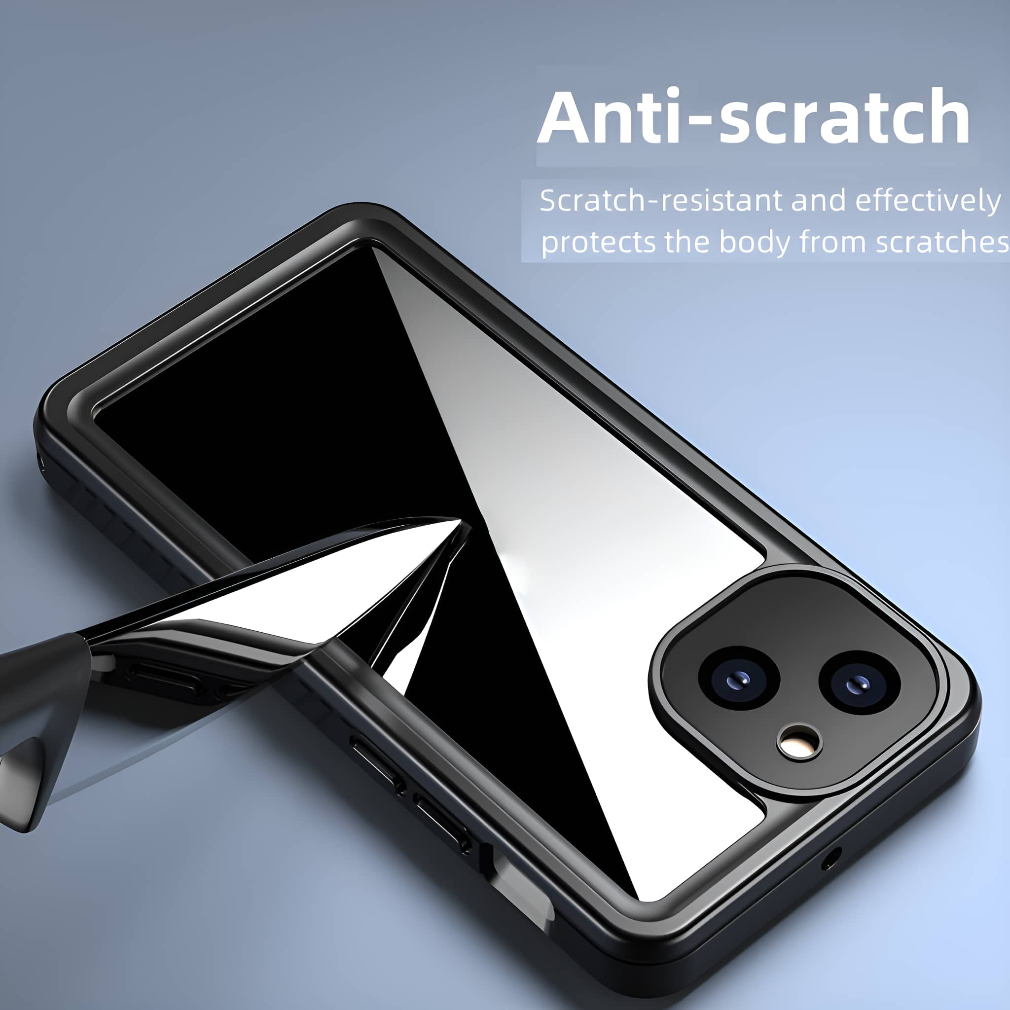 Schwarze Handyhülle mit Telefon. Die Hülle ist kratzfest mit schwarzem Rahmen.