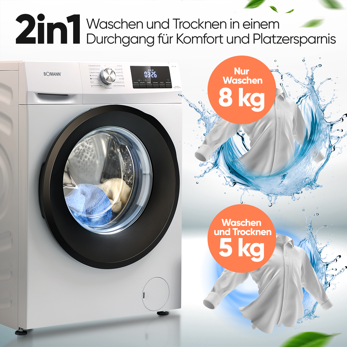 Pralka z funkcją prania i suszenia. Dwie koszule w rozpryskach wody.