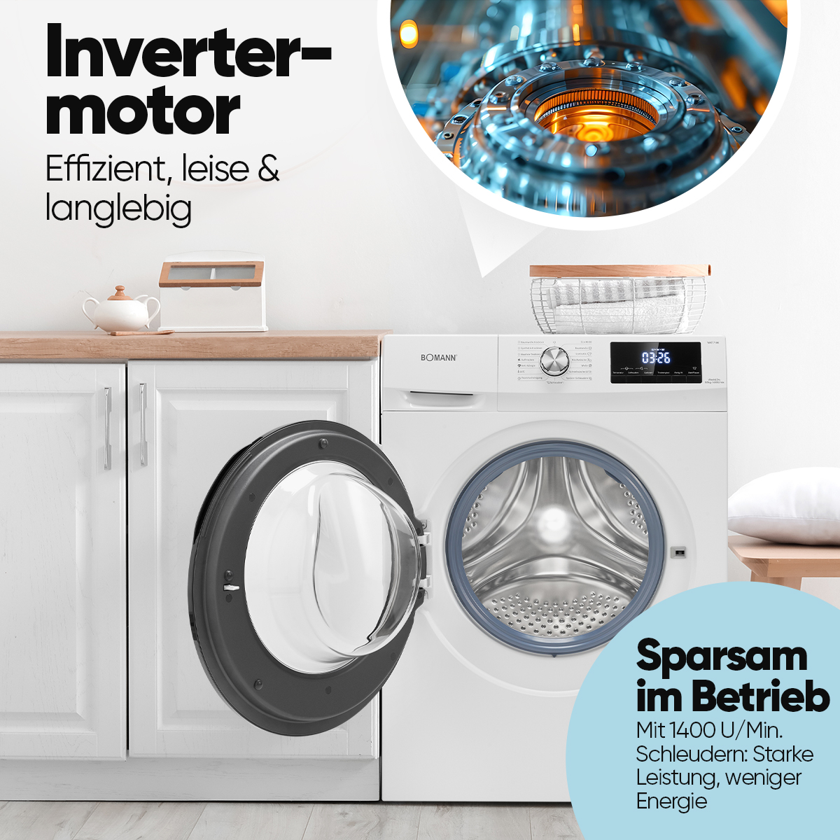 Biała pralka z otwartymi drzwiami i tekstem opisującym energooszczędny silnik.