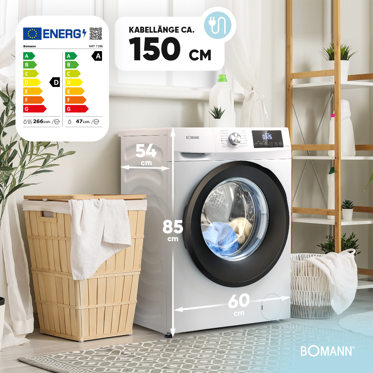 Pralka z wymiarami, etykietą energetyczną i koszem na pranie w pralni.