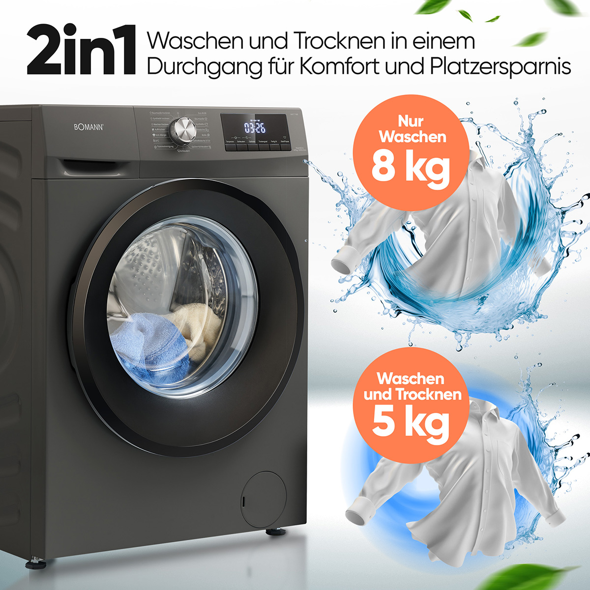 Waschmaschine mit Glastür. Text: '2in1', 'Waschen und Trocknen'. Hemden werden gezeigt.