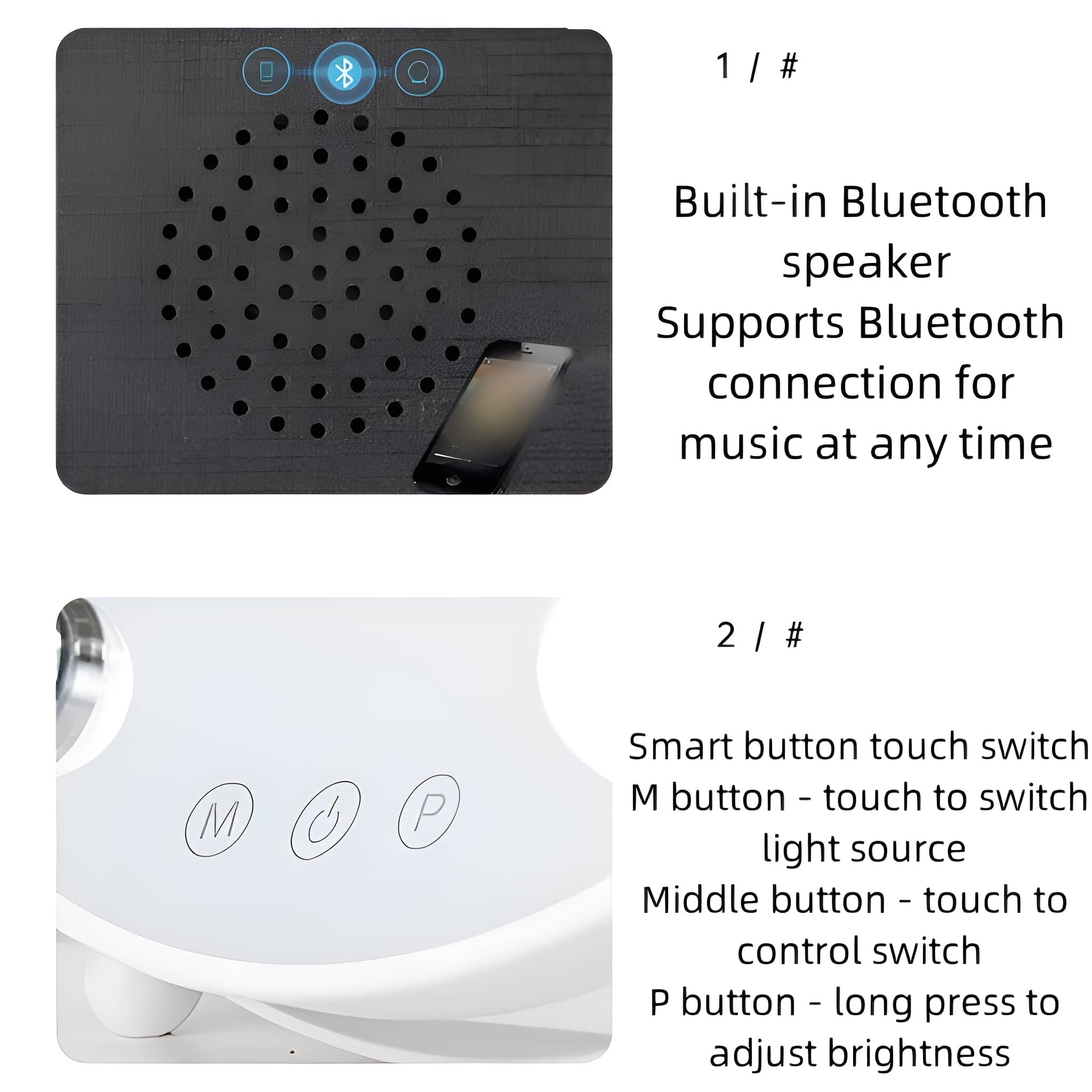 Nahaufnahme eines Lautsprechers und eines Telefons mit Text, der Bluetooth- und Lichtfunktionen beschreibt.
