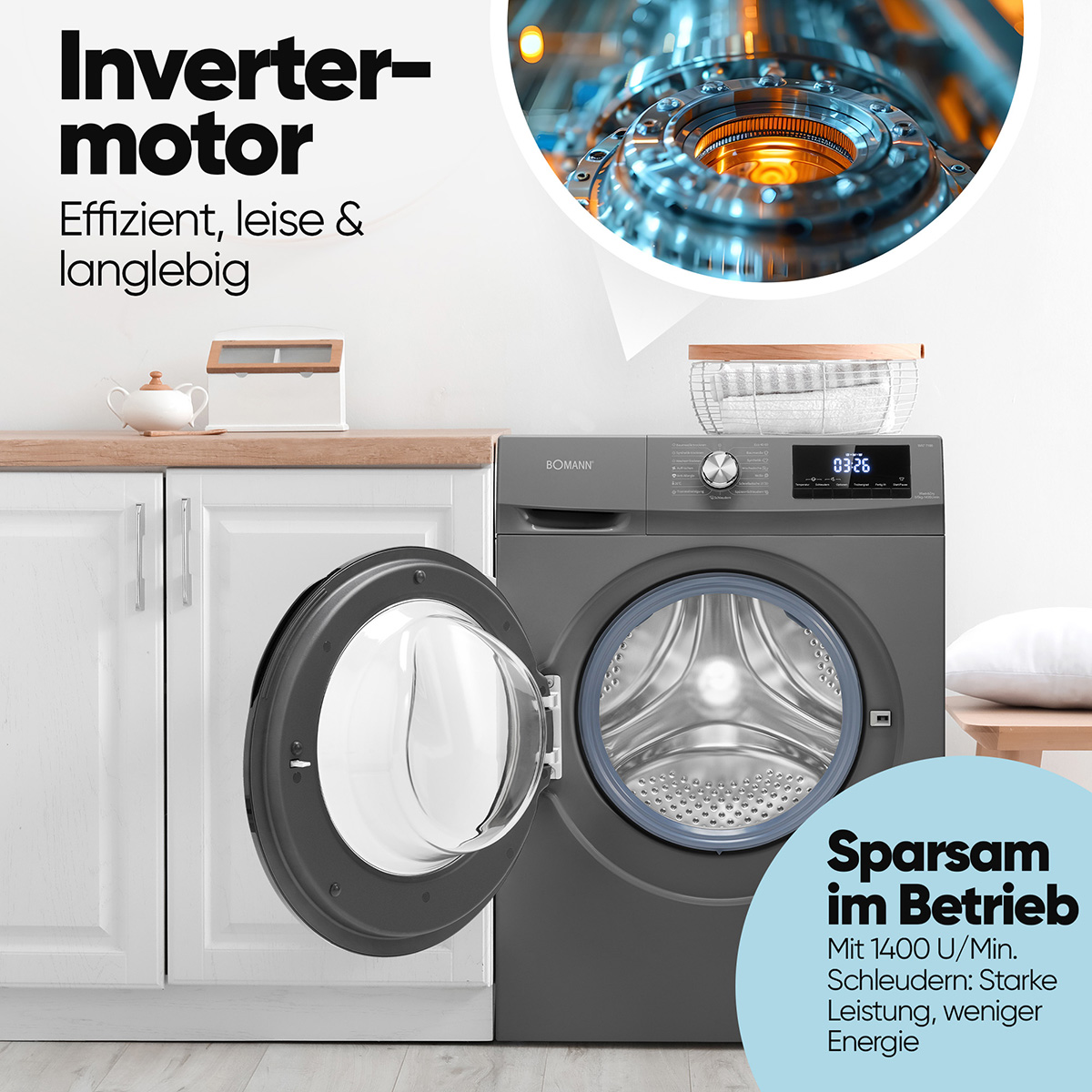 Waschmaschine mit offener Tür, Text über Inverter Motor und Energiesparen.