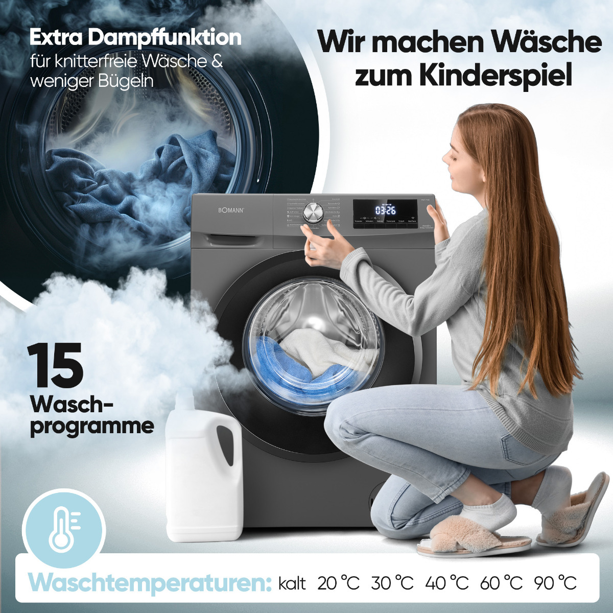 Frau benutzt Waschmaschine. Maschine grau, Dampf und Text. Frau kniet mit Hausschuhen.