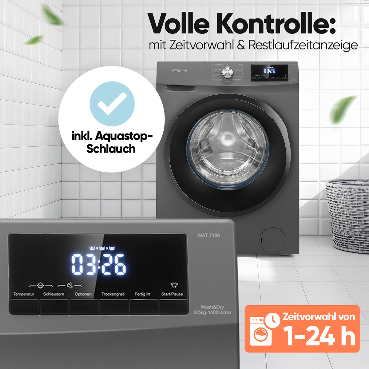 Detail einer Waschmaschine mit Digitalanzeige und Text auf Deutsch, inkl. 'Aquastop-Schlauch'.