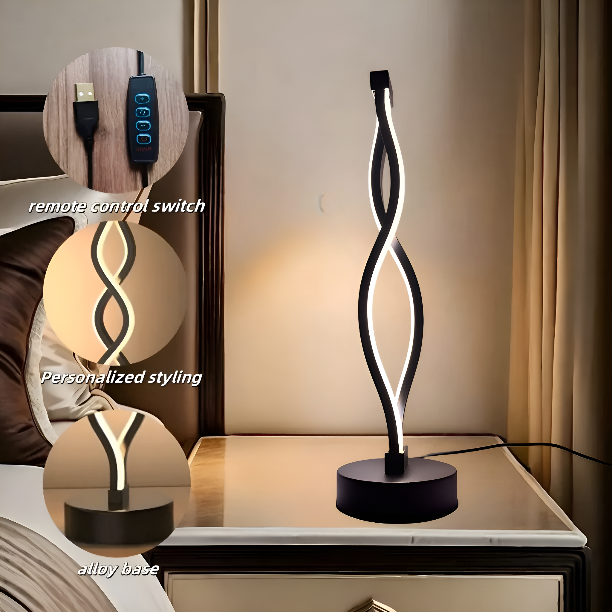 Schwarz-weiße LED-Lampe mit Wirbeldesign, Fernbedienungsschalter und USB-Kabel.