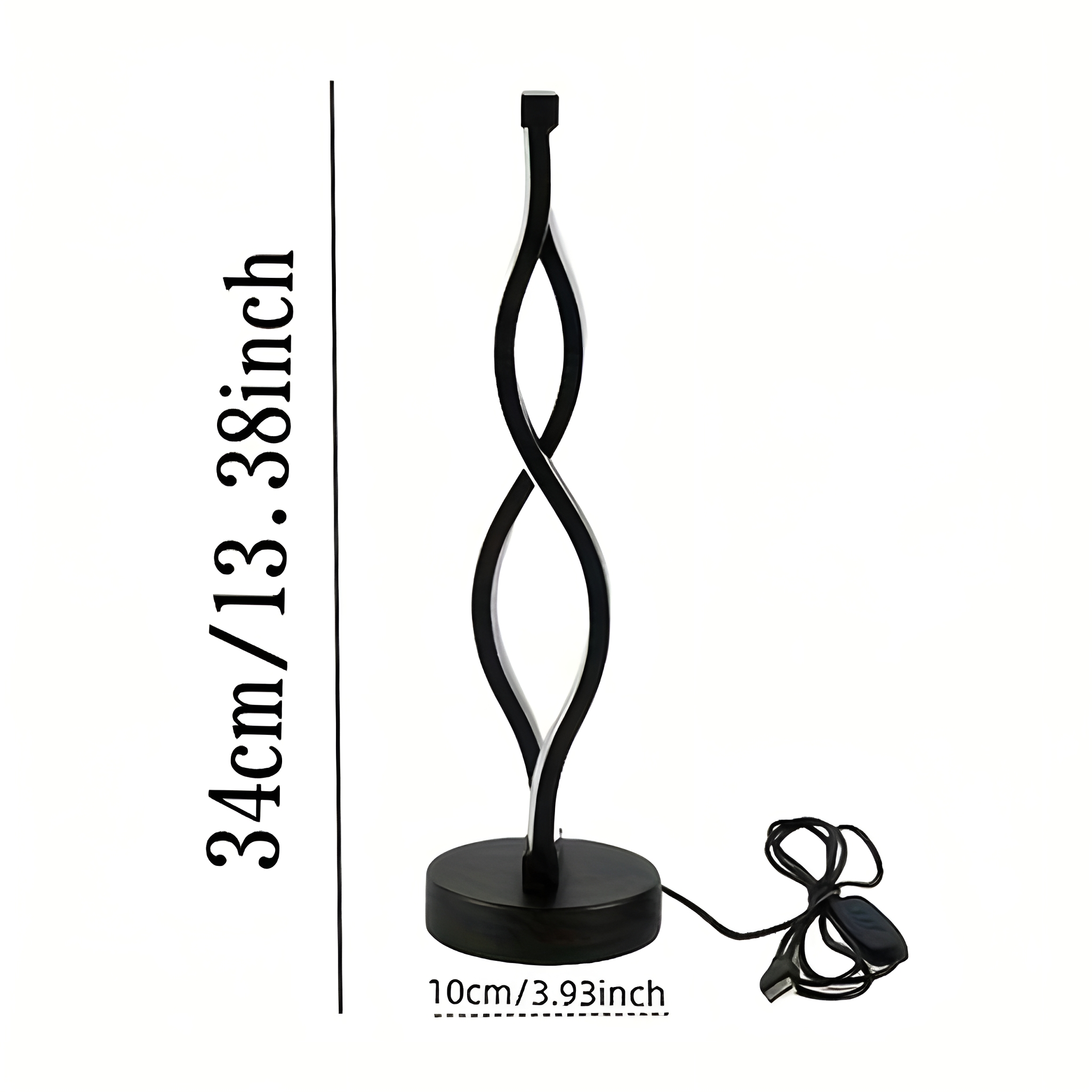 Schwarze, verdrehte Design-Lampe mit rundem Sockel. Abmessungen sind im Bild angegeben.