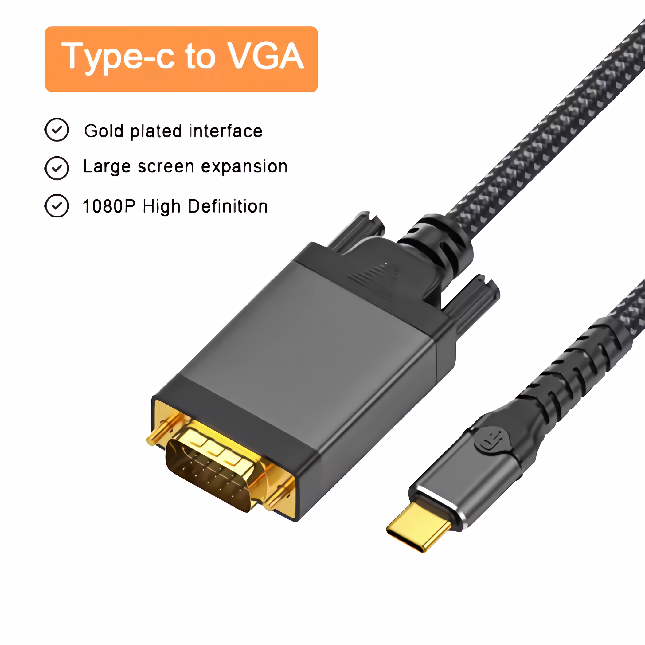 Schwarzes und goldenes Type-C-zu-VGA-Kabel mit Text, der die Funktionen angibt: Gold-Schnittstelle, große Bildschirmerweiterung, 1080P.