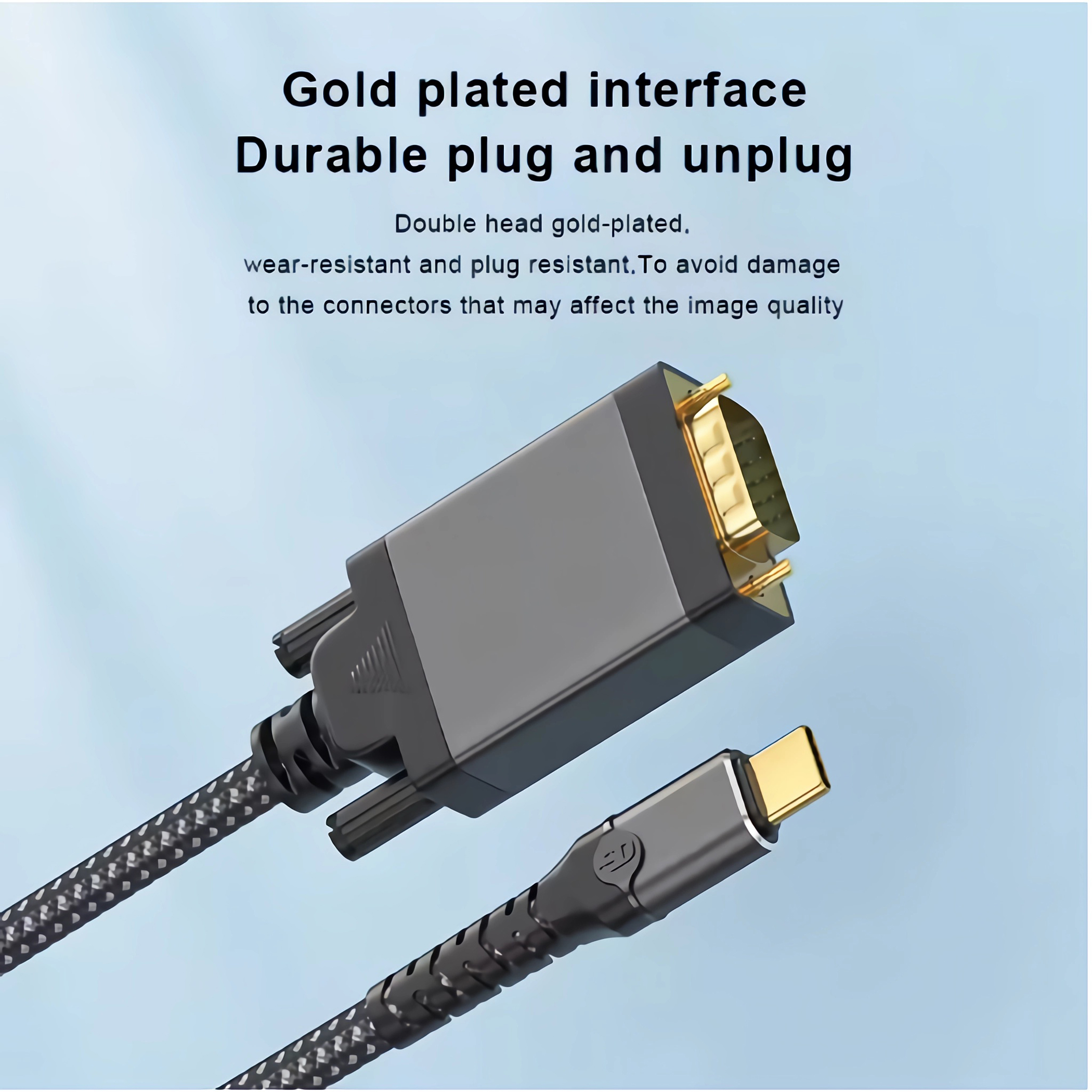 Ein schwarz-graues Kabel mit vergoldeten Schnittstellen und einem USB-C-Anschluss.