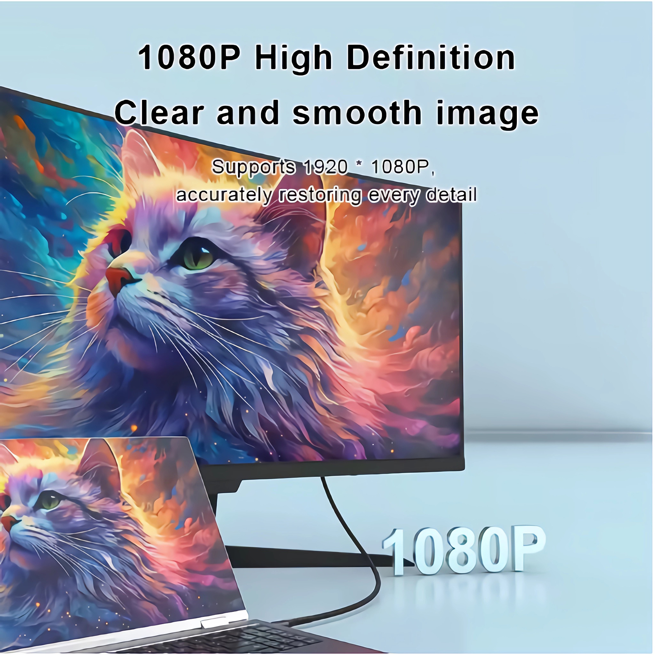 Ein Computerbildschirm, der ein farbenfrohes Katzenbild zeigt. Der Bildschirm steht auf einem Schreibtisch mit einem Laptop.