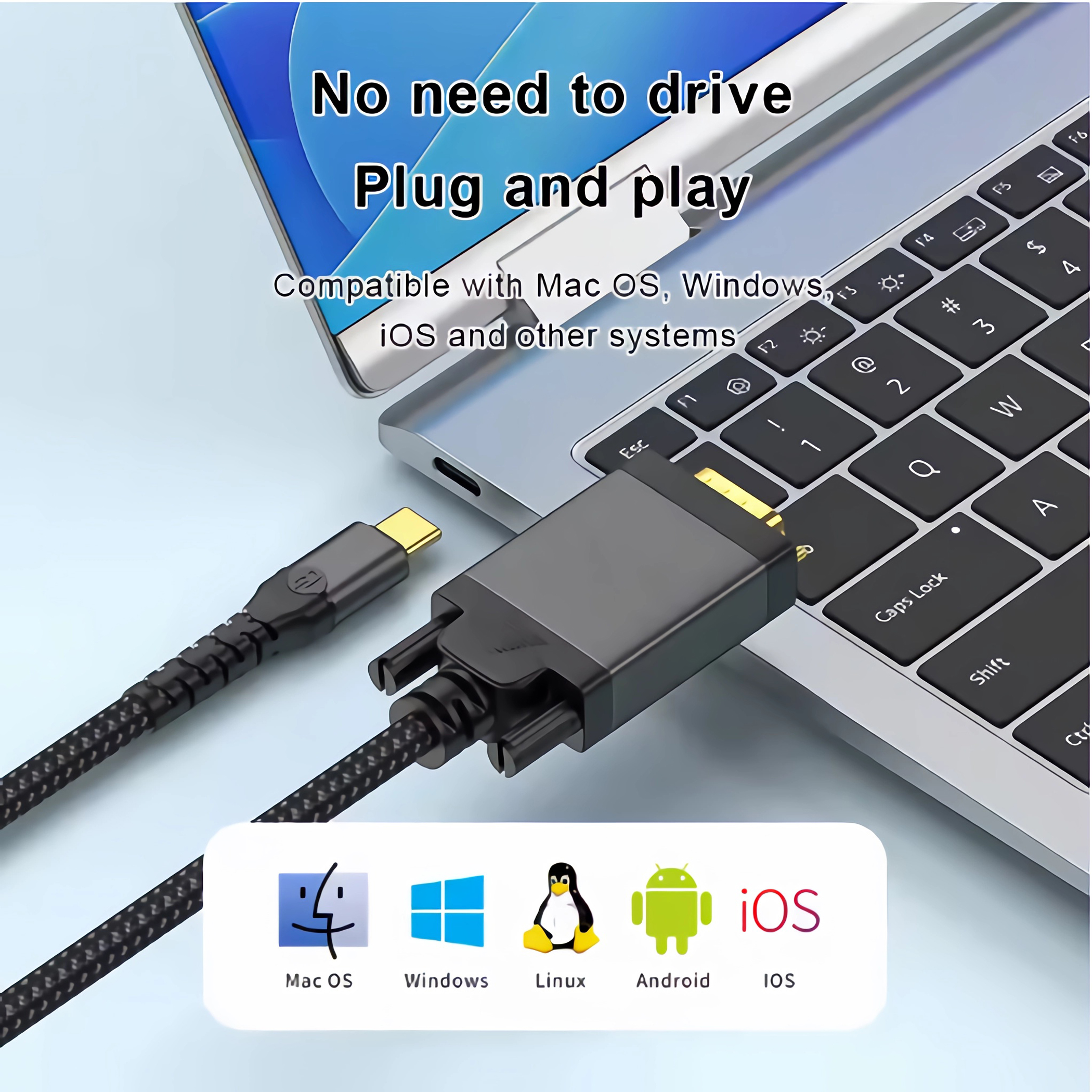 Ein Laptop, verbunden mit einem schwarzen Adapter und Kabel, mit Symbolen für Mac OS, Windows, Linux und Android.