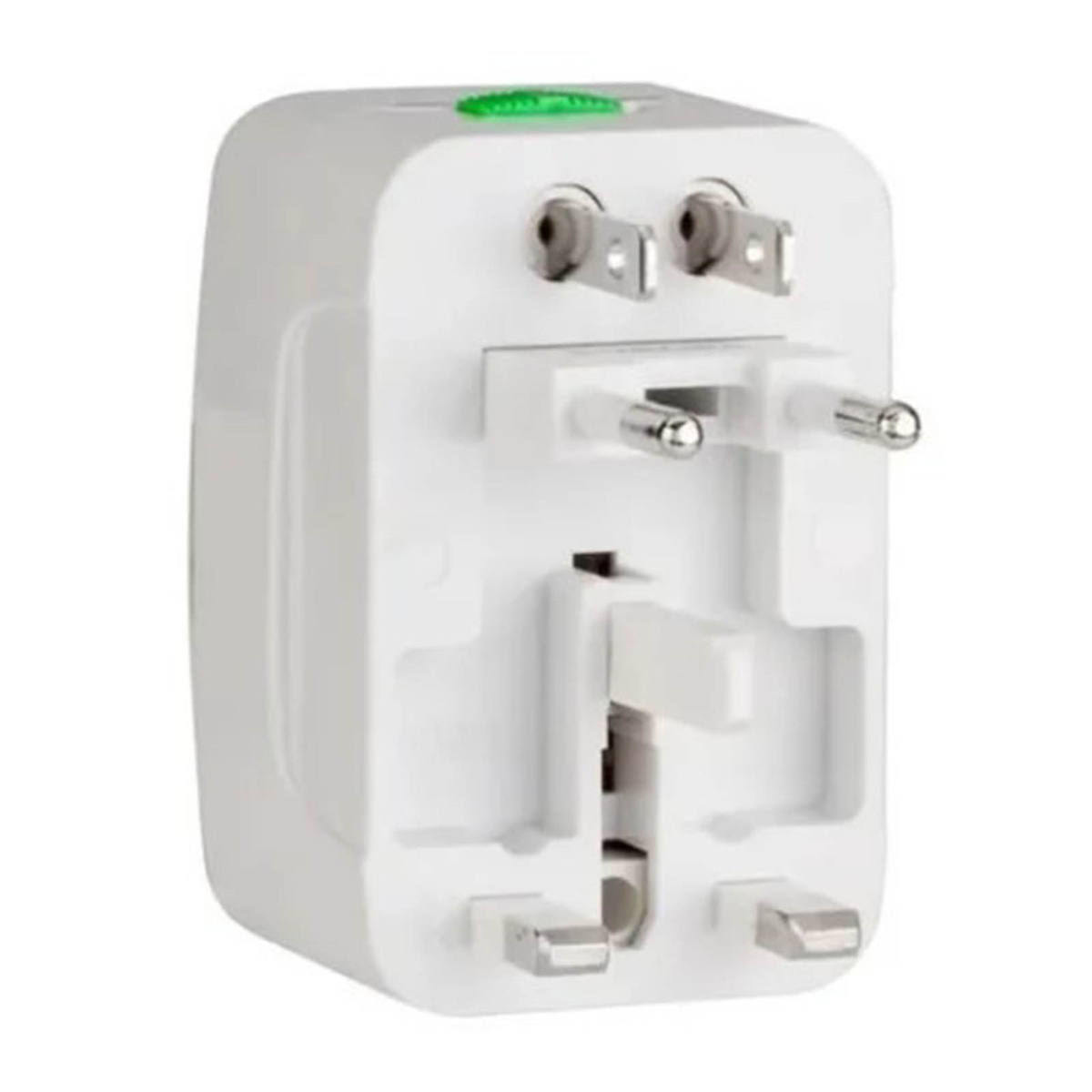 Weißer Universal-Netzadapter mit mehreren Steckerkonfigurationen und grünem Power-Knopf.