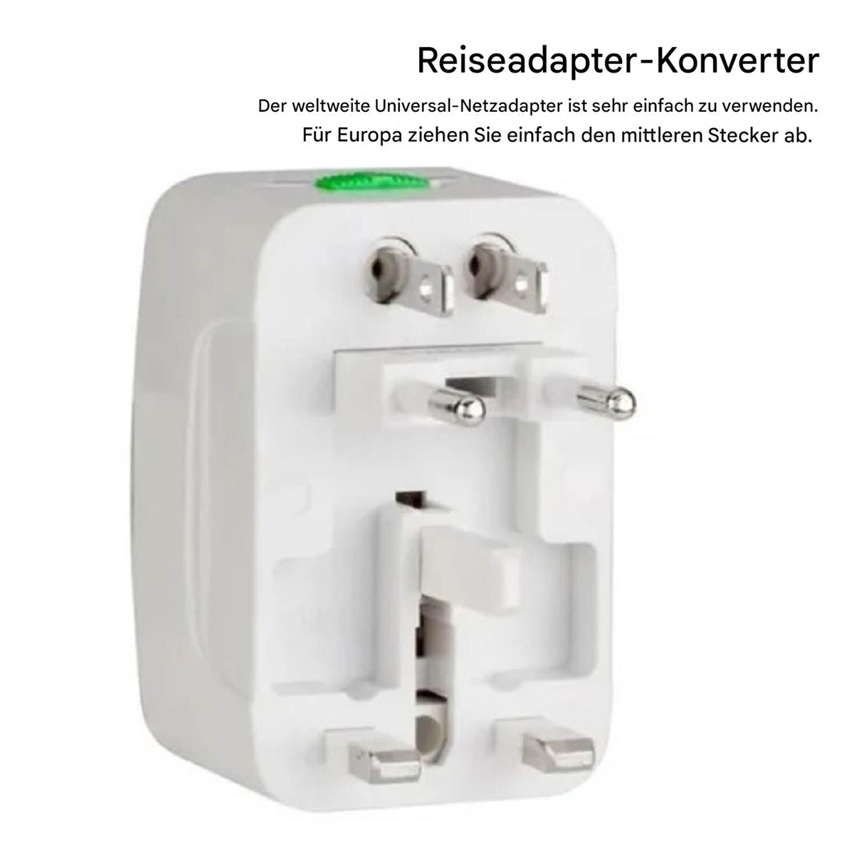Weißer Reiseadapter mit verschiedenen Steckerkonfigurationen, Text dazu.