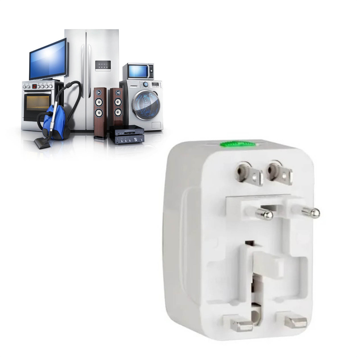 Ein weißer Netzadapter, umgeben von verschiedenen Geräten wie Fernseher, Kühlschrank und Waschmaschine.
