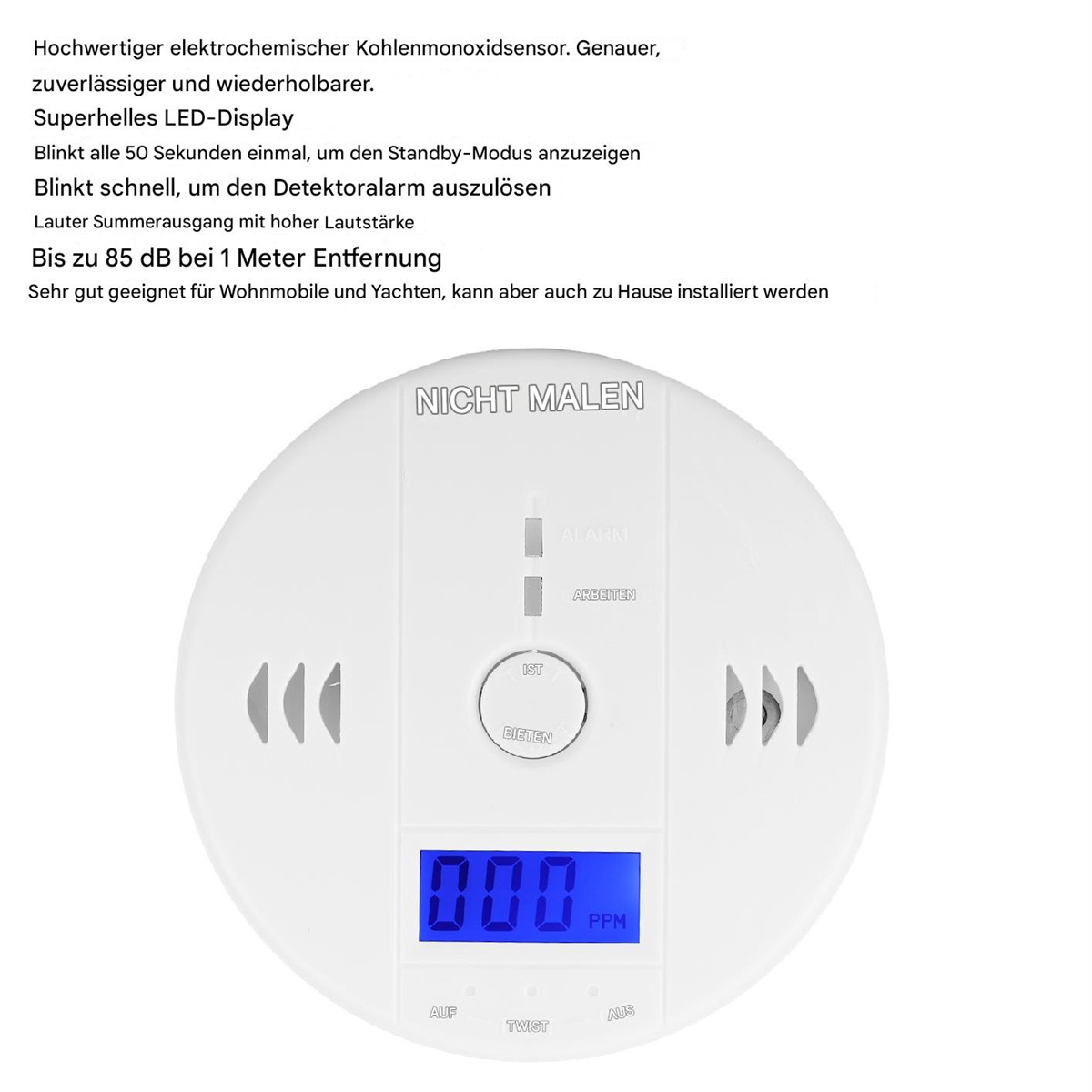 Weißer Rauchmelder mit Digitalanzeige und Knöpfen. Text auf Deutsch.