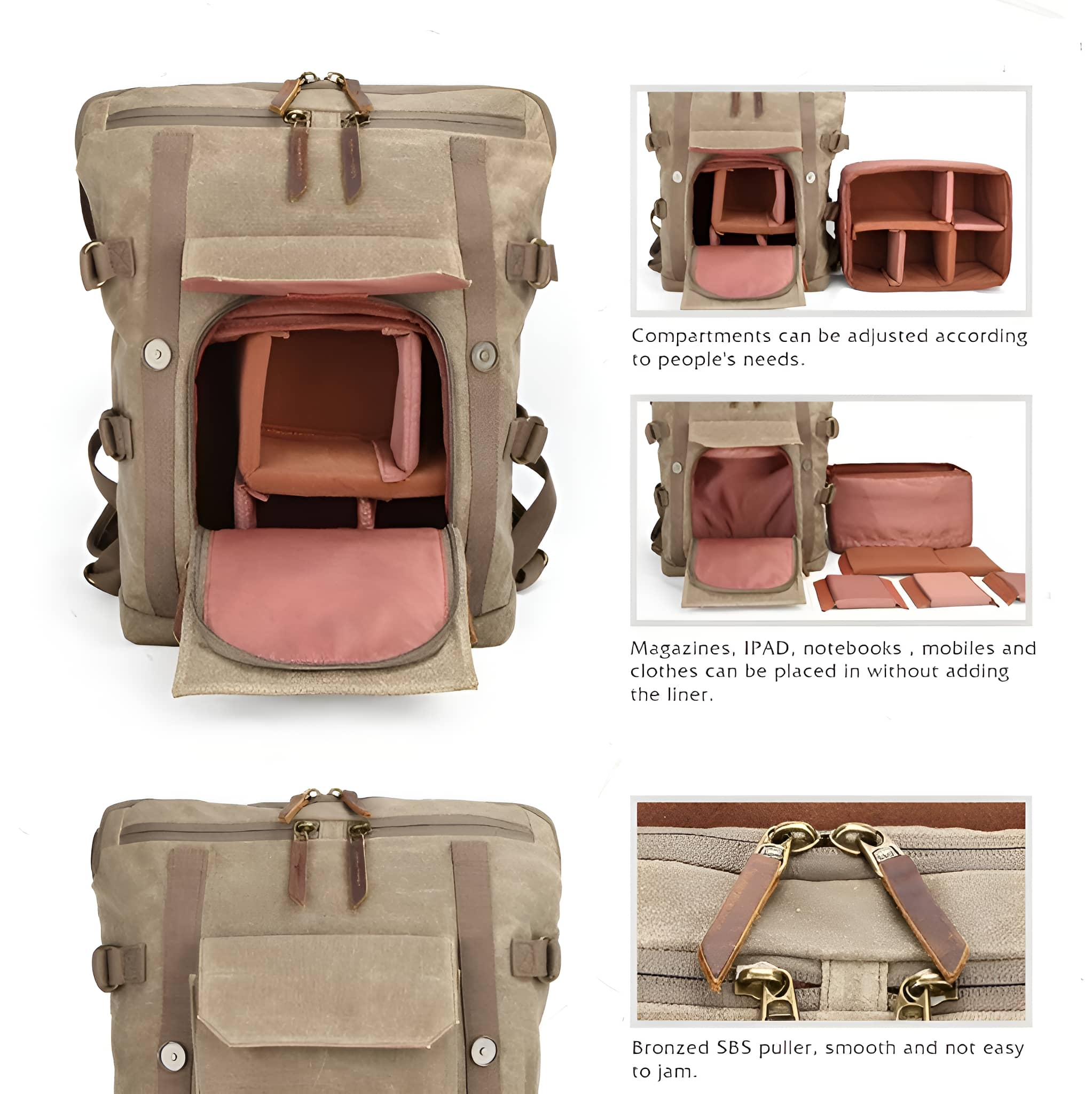 Beigefarbener Canvas-Rucksack mit mehreren Fächern und Lederakzenten, auf weißem Hintergrund.