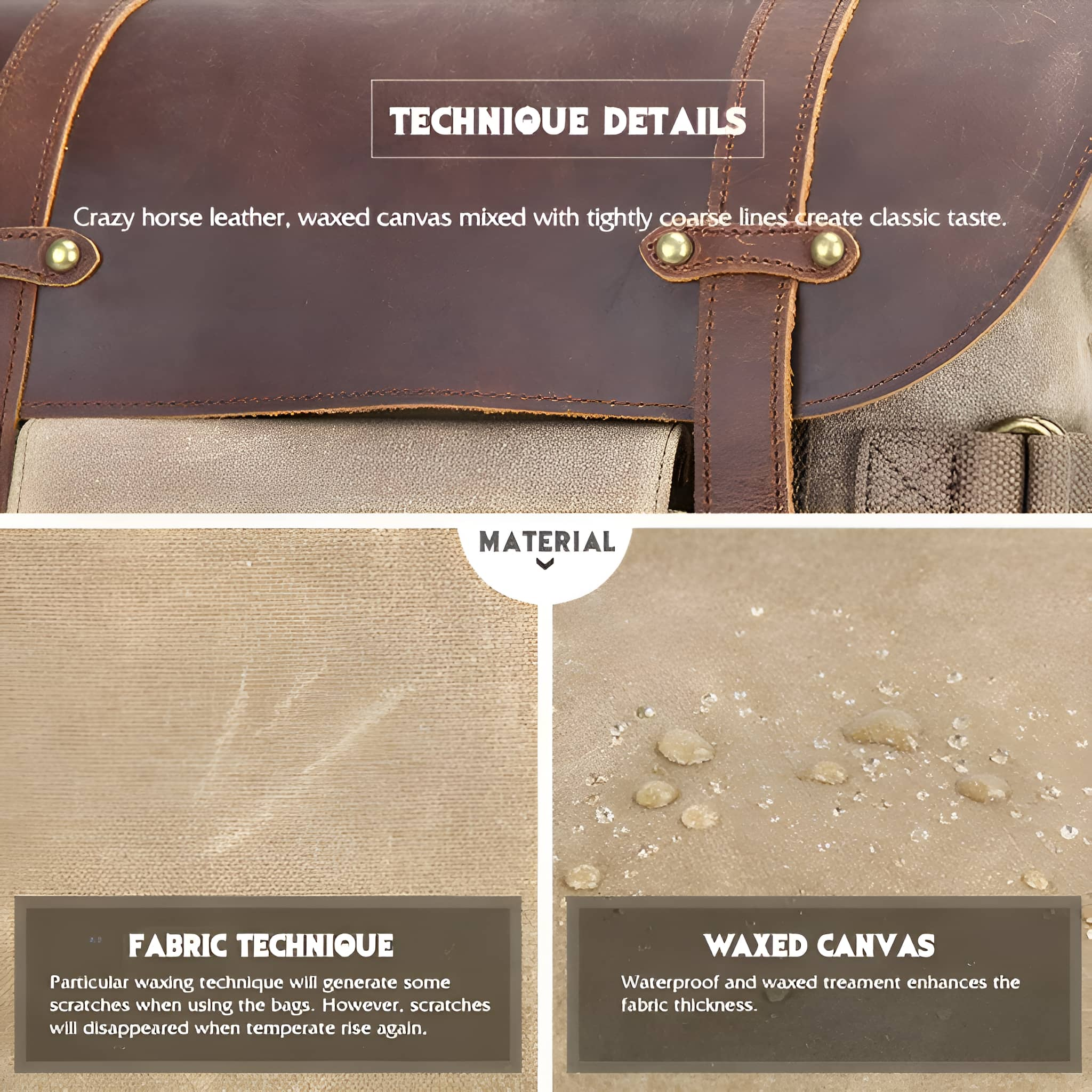 Nahaufnahme der Gepäckdetails. Eine braune Lederklappe und gewachstes Canvas mit Wassertropfen. Textil- und Wachs-Canvas-Text.