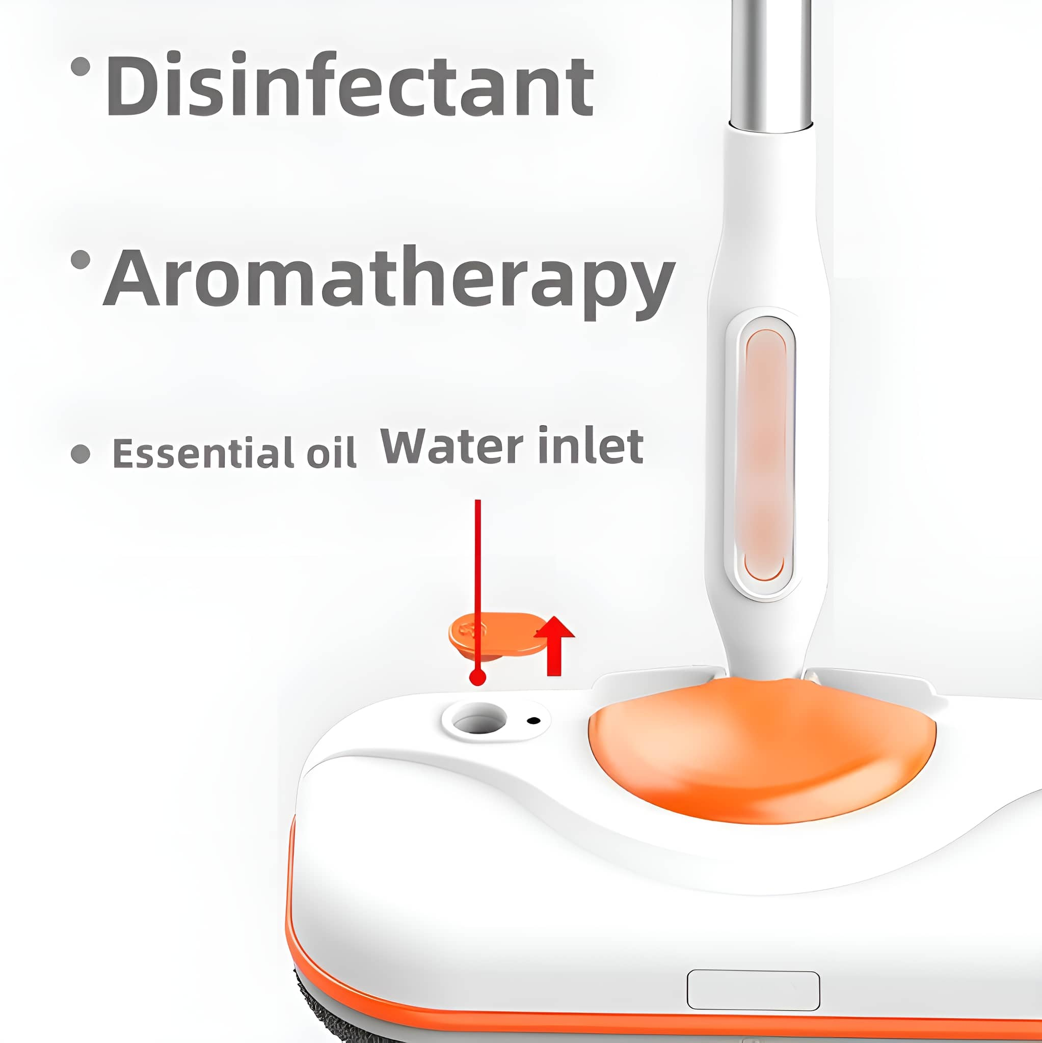 Weißer und orangefarbener Mopp. Nahaufnahme des Wassereinlasses. Text zeigt Desinfektion und Aromatherapie.