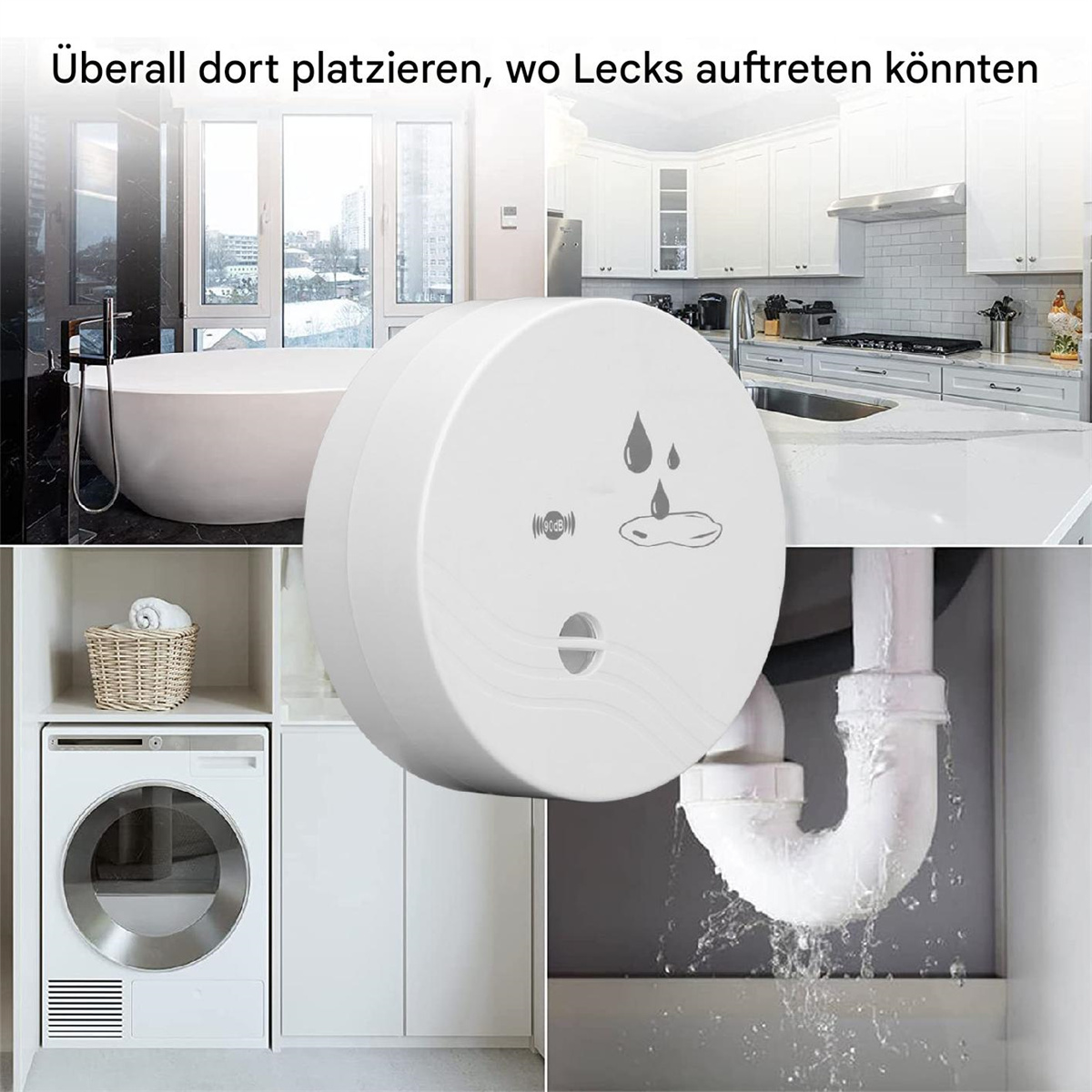 Ein weißer Wasserleckdetektor in verschiedenen Umgebungen: Badezimmer, Küche, Waschküche und unter einem Waschbecken.