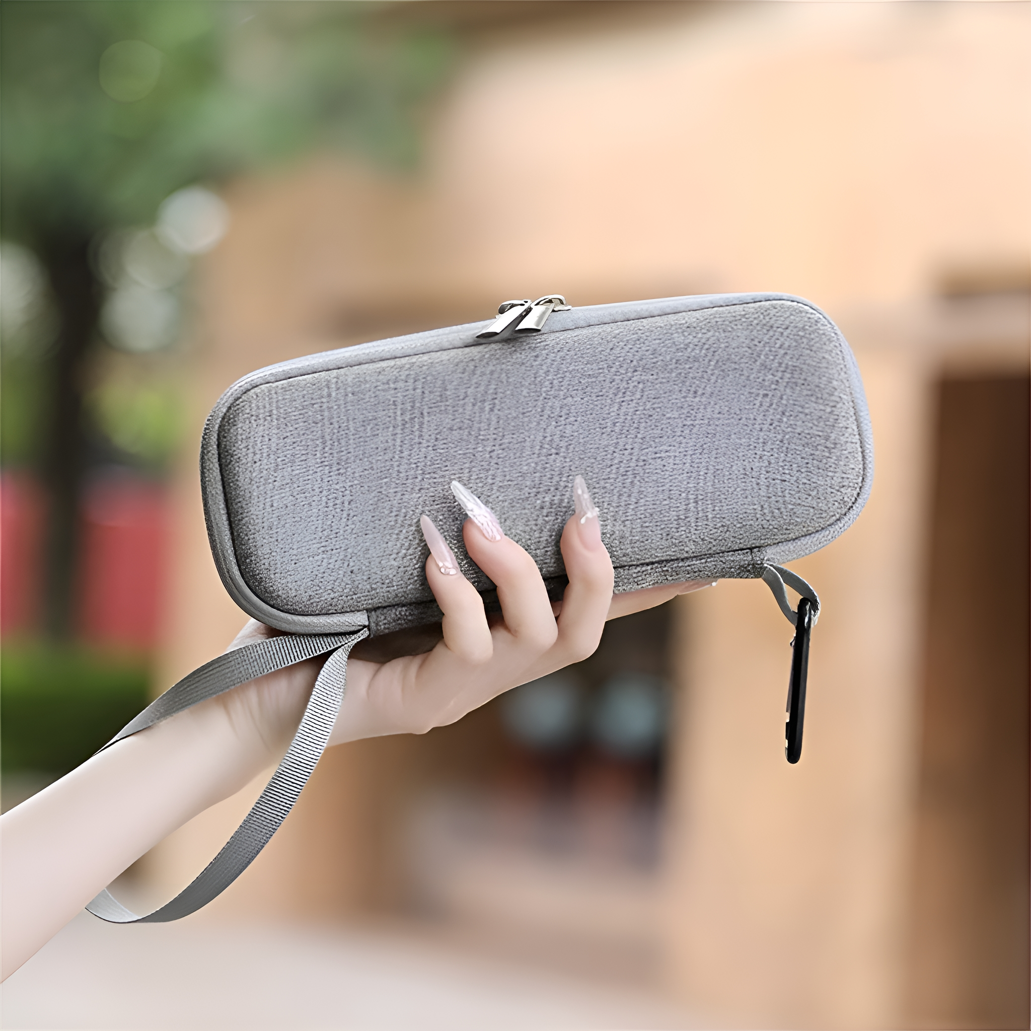 Eine Hand hält eine graue Reißverschlusstasche mit einem Riemen. Die Tasche ist länglich und hat einen silbernen Reißverschluss.