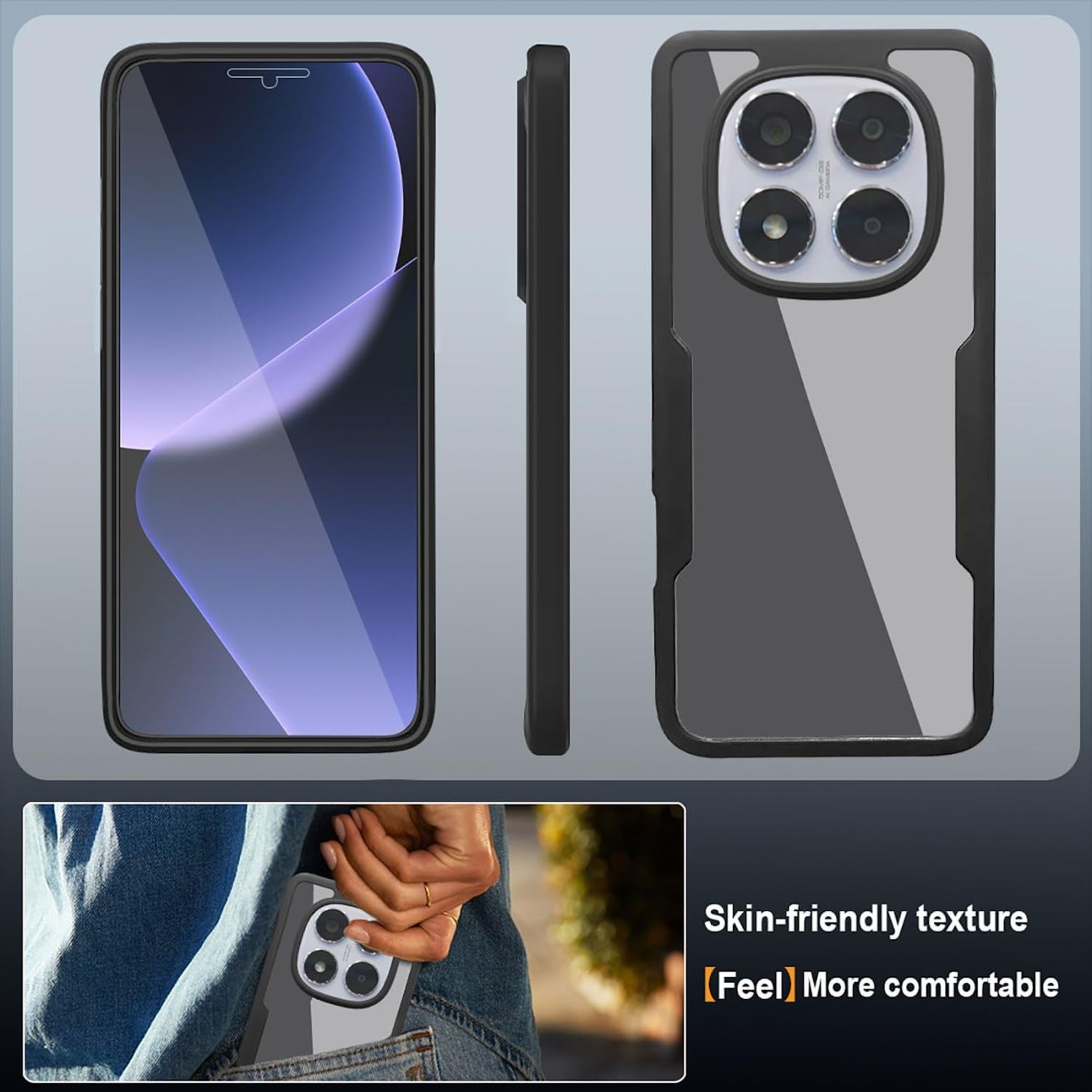 Una funda de teléfono en tres vistas, con un teléfono en un bolsillo, mostrando la textura.
