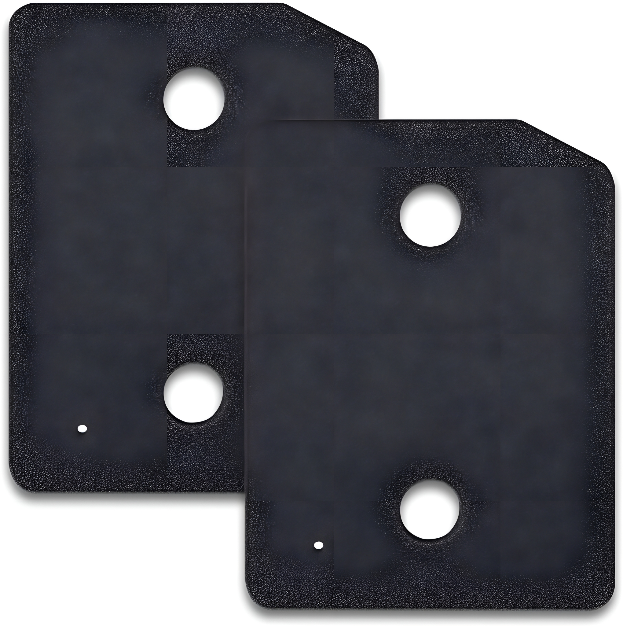 Zwei schwarze, strukturierte Pads mit abgerundeten Ecken und kreisförmigen Löchern.