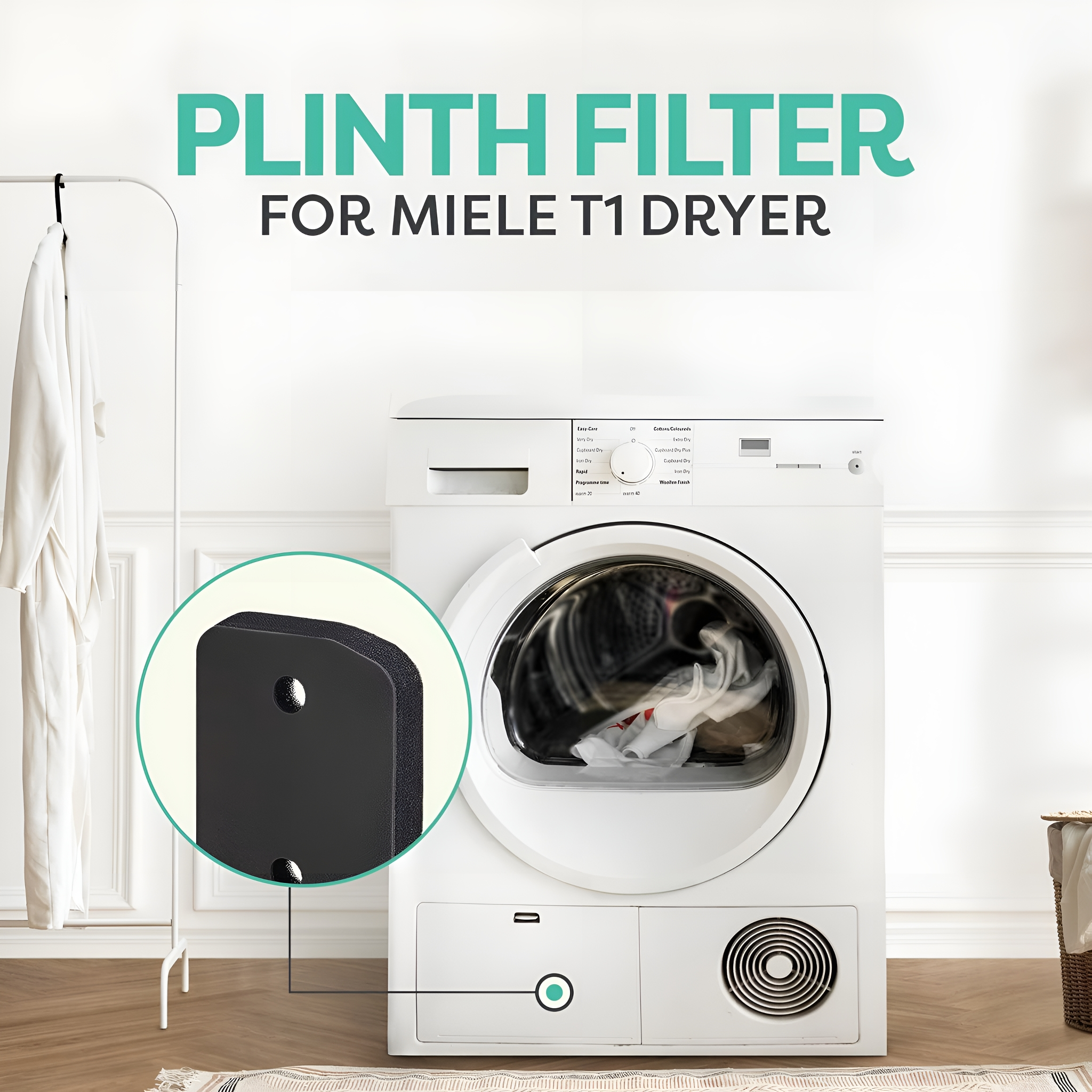 Weiße Waschmaschine mit schwarzem Sockelfilter und Text: Sockelfilter für Miele T1 Trockner