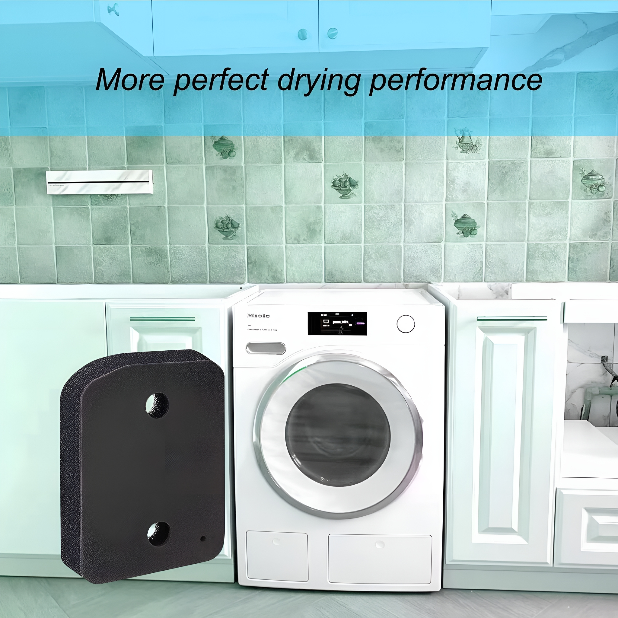 Eine Waschmaschine mit einem schwarzen Filter und dem Text: More perfect drying performance.