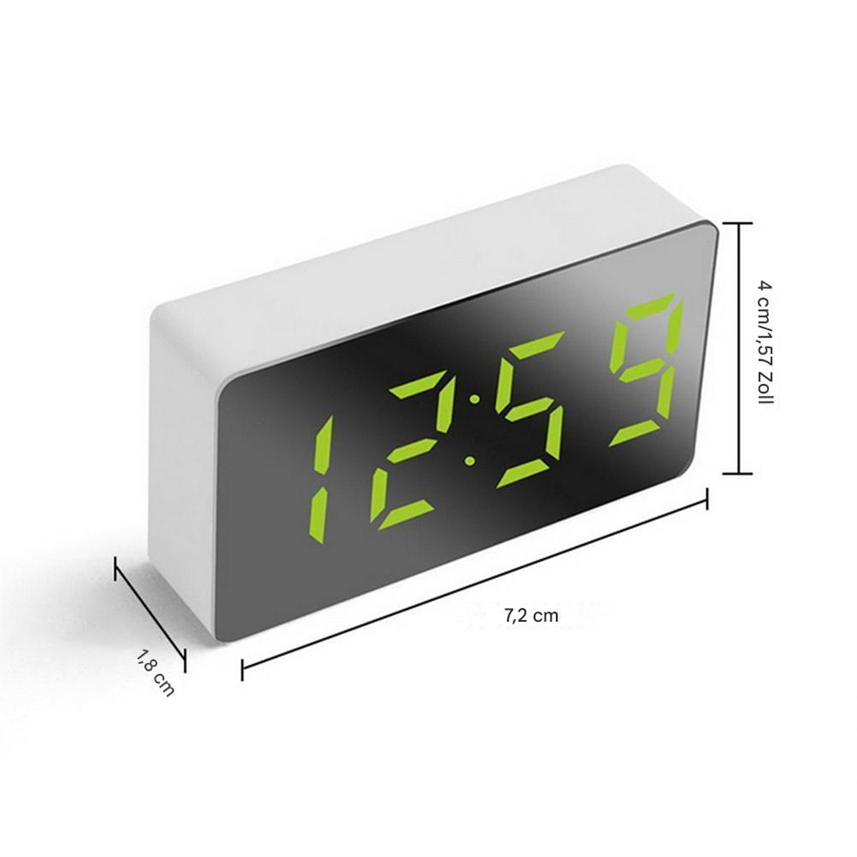 Eine Digitaluhr, die 12:59 in grünen Ziffern anzeigt, mit Abmessungen in Zentimetern angegeben.
