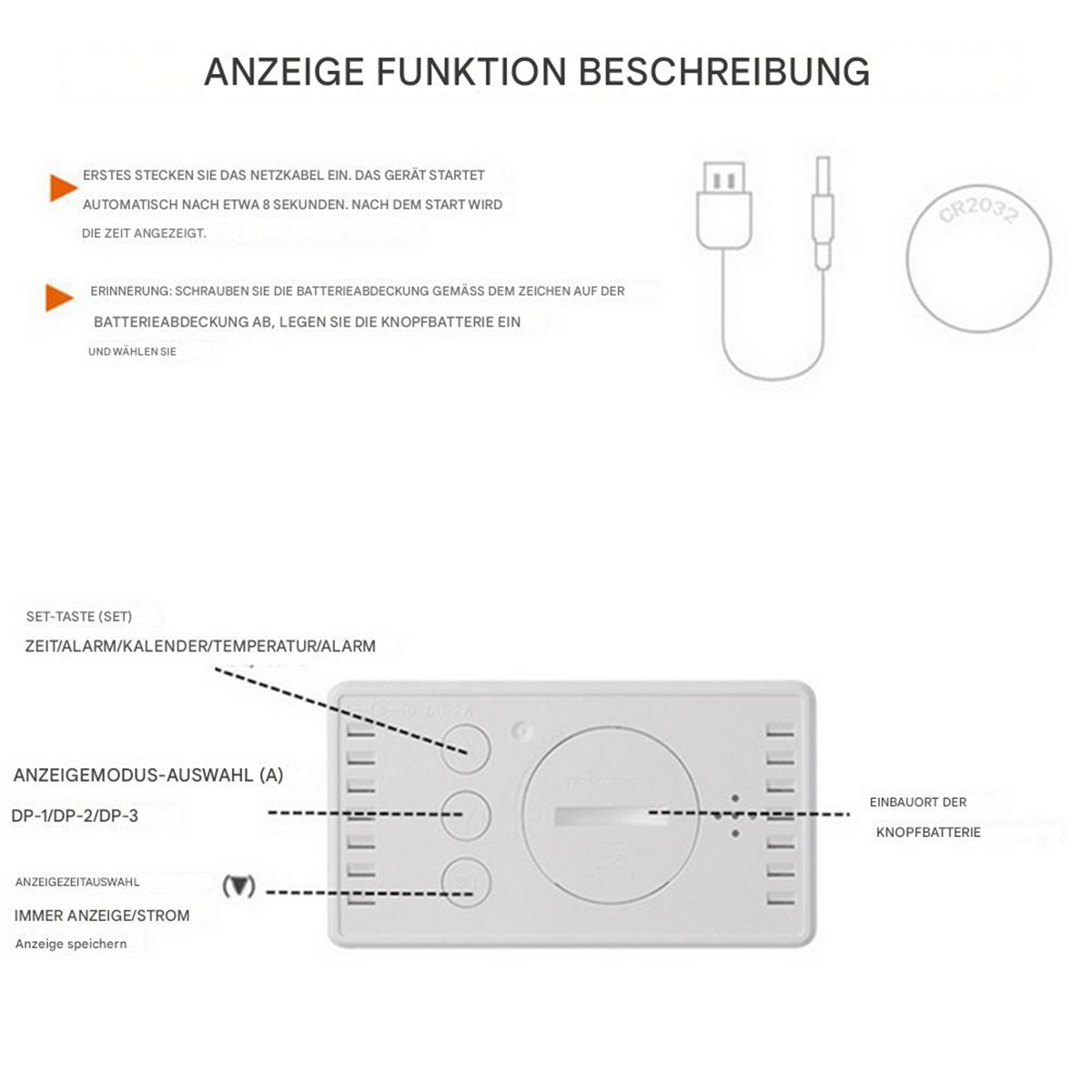 Diagramm eines Geräts, das zeigt, wie man Zeit und andere Anzeigeeinstellungen vornimmt. Mit Batterie.