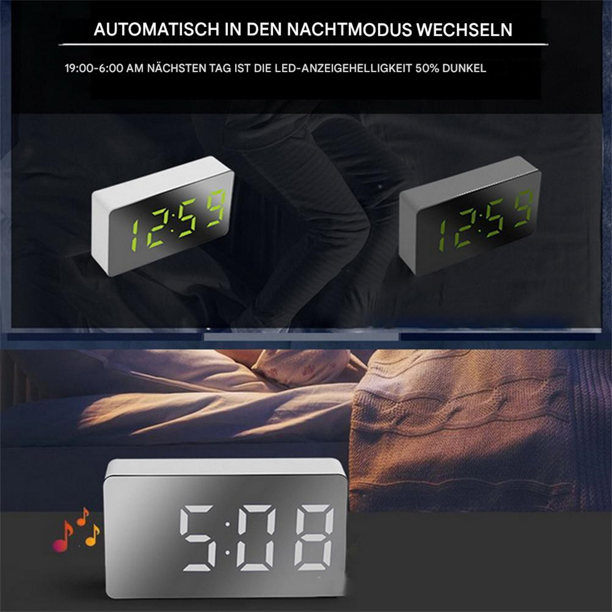 Digitale Wecker, die Uhrzeiten anzeigen. Oben 12:59, unten 5:08.