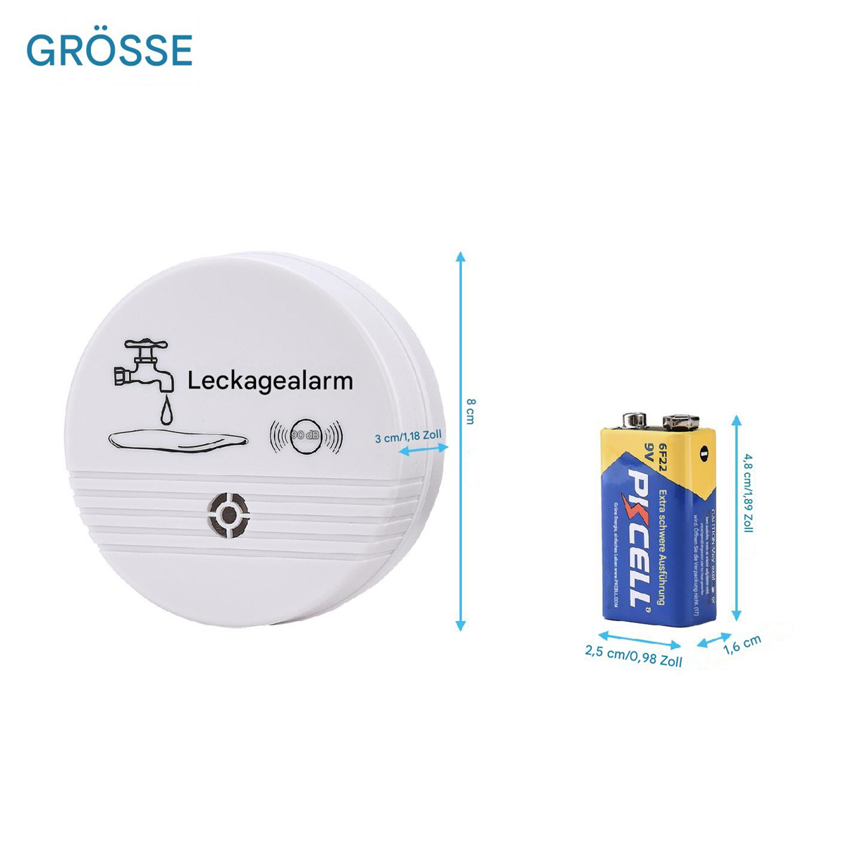 Weißer Leckagealarm mit Batterie. Eine 9V-Batterie befindet sich rechts. Abmessungen sind angegeben.