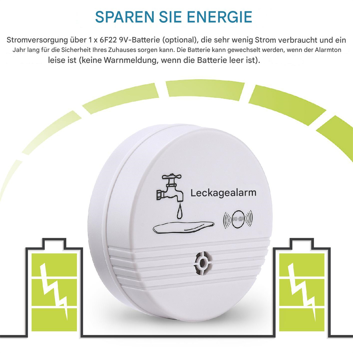Weißer Leckalarm mit Batterieillustration und Text auf Deutsch. Grüne Grafiken.