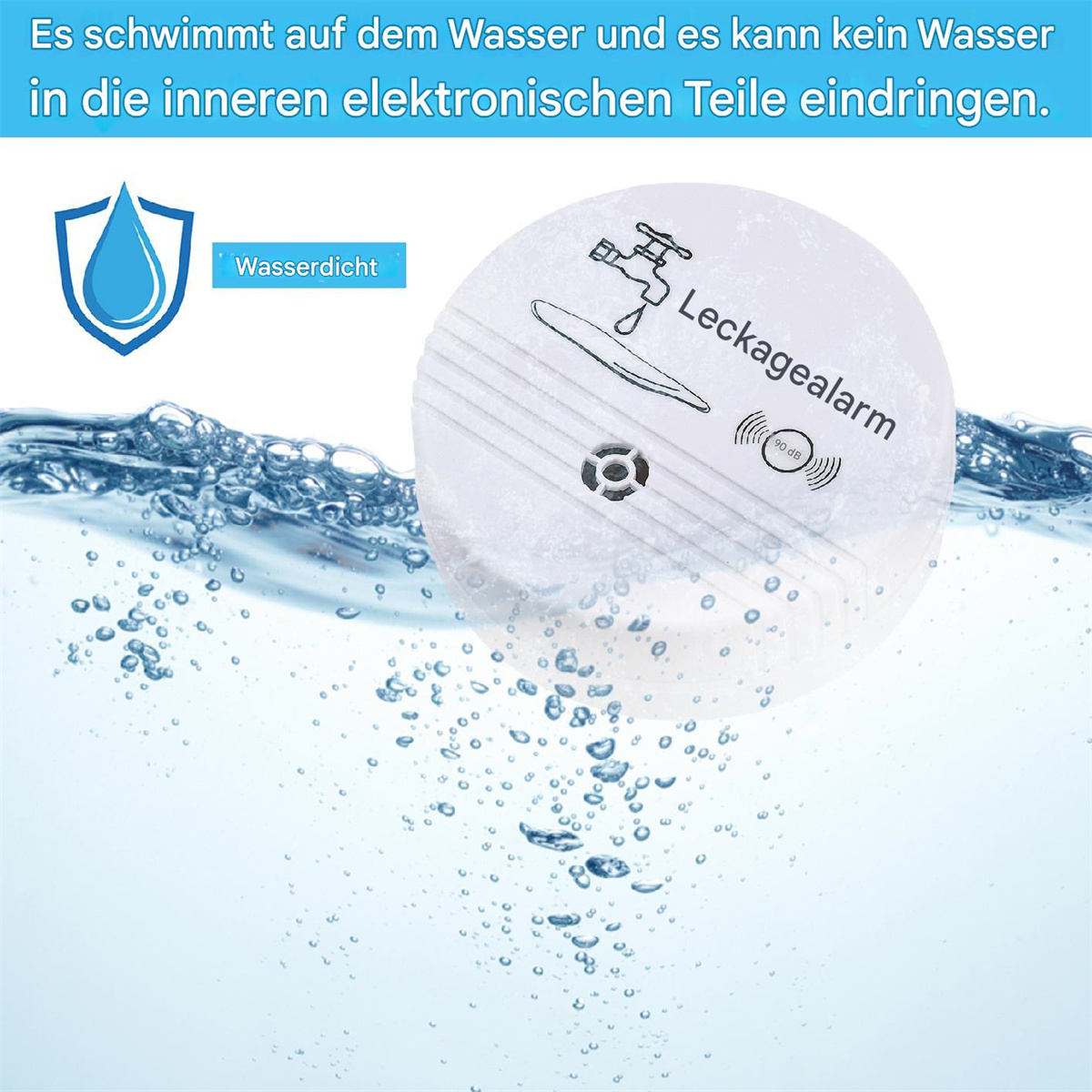 Ein weißer Wasser-Alarm befindet sich im Wasser. Text und ein Wassertropfen-Symbol sind sichtbar.