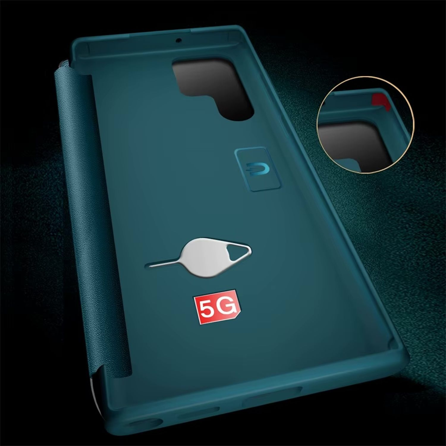 Türkisfarbene Handyhülle mit 5G-Etikett und SIM-Kartenwerkzeug.